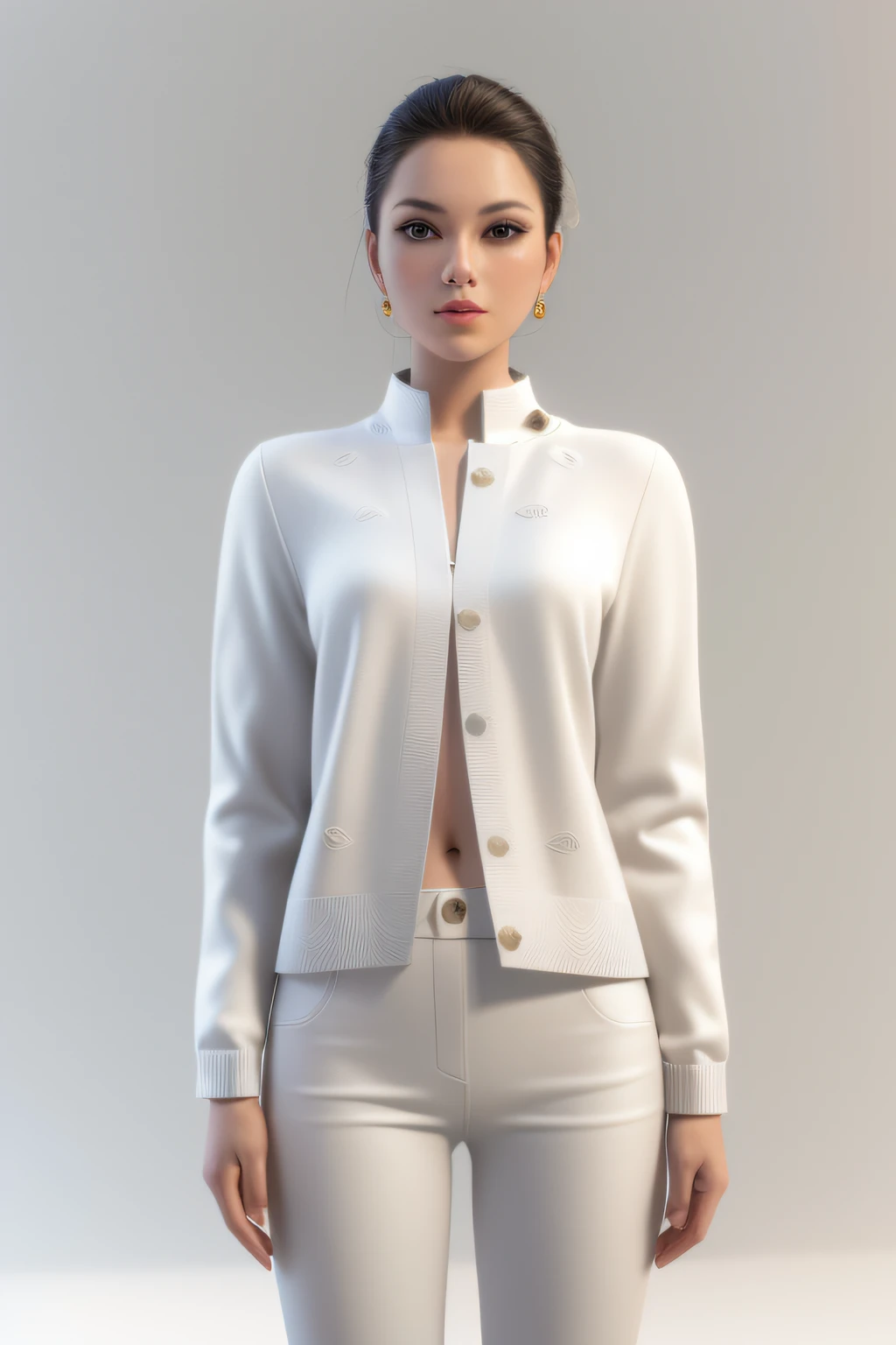 arafed woman in a white jacket and pants poses for a picture, realistically rendered clothing, realistic clothing, woman model, highly detailed clothing, marvelous designer 3d rendered, modeled in poser, elegant fashion model, ultra high quality model, clothes high detail, render of mirabel madrigal, maya, white soft leather model, 3d character realistic