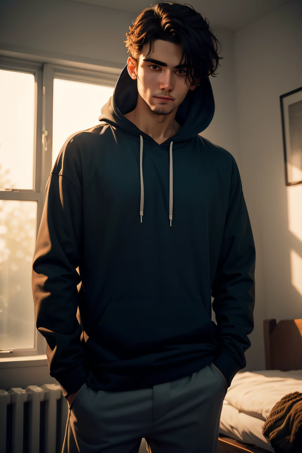 man wearing hoody,in a dimly lit room