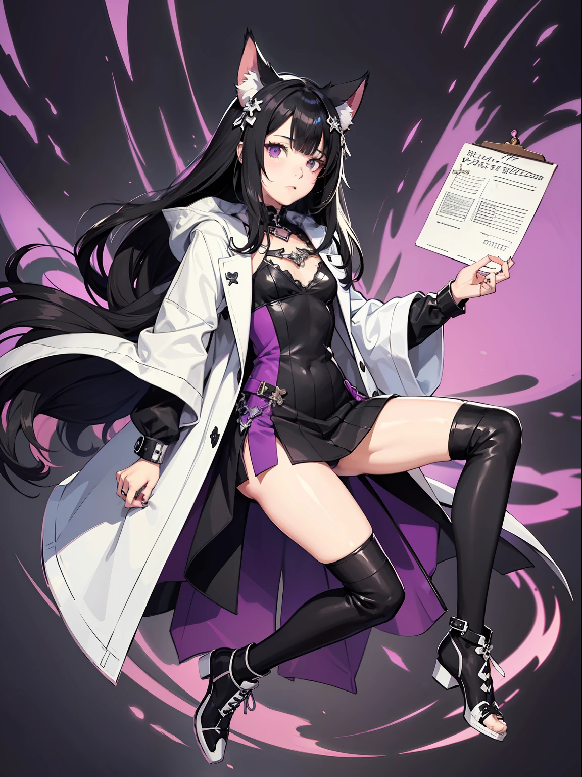 full body, character sheet, costume design sheet, thick outline, thick painting, Girl, 16 years old, black hair, demon horns, cat ears, modern fashion, punk design sense, white
coat, decorated fringe, black and white and purple
color scheme,, anime, pixiv, intricate design,
delicate composition, highly detailed,, anime, pixiv