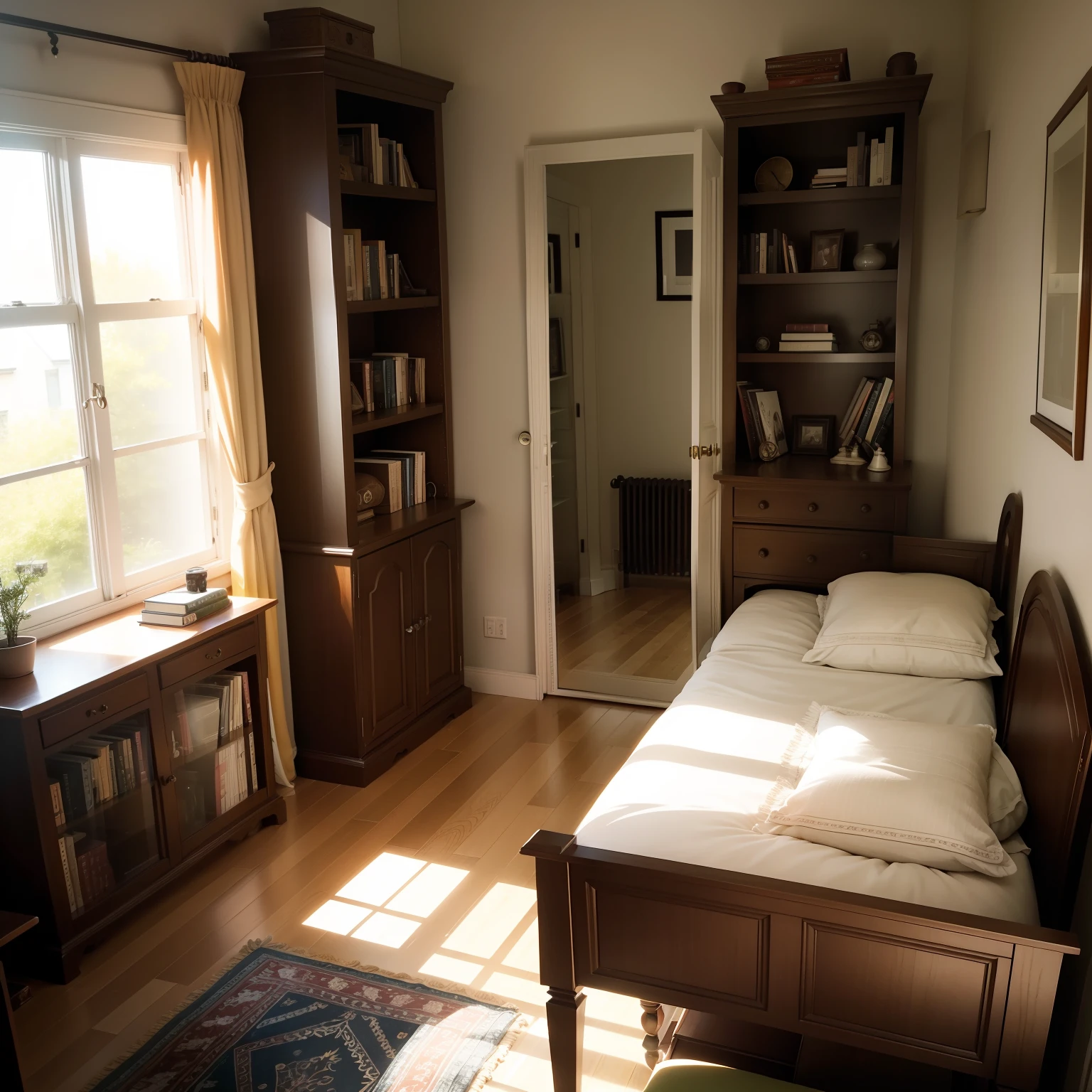 One room,Relatively bright,There is a window,A table,A full bookcase,A bedside table and mirror