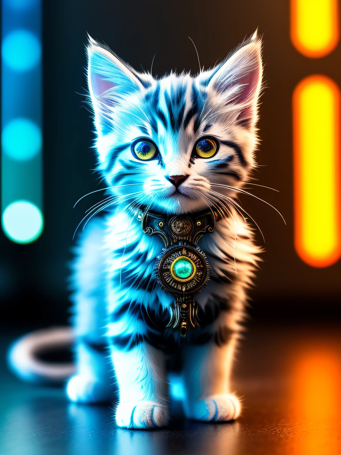 a cute fluffy kitten made out of metal, cyborg, cyberpunk style, clockwork, ((intricate details)), hdr, big eyes, ((intricate details, hyperdetailed)), vacuum tube or electron tube, cinematic shot, vignette, bokeh effect beckground