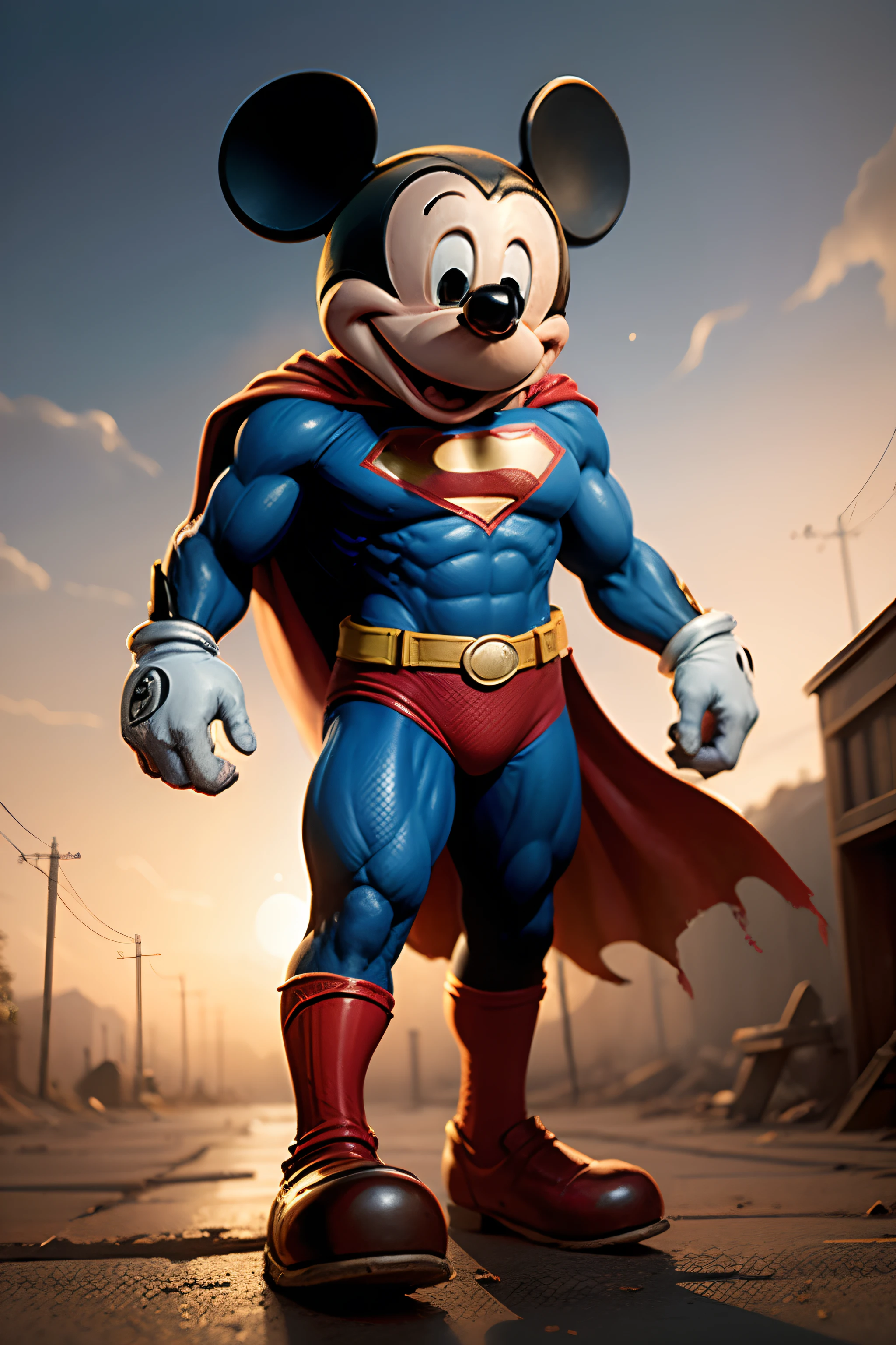 Mickey wearing a superman suite, blue light