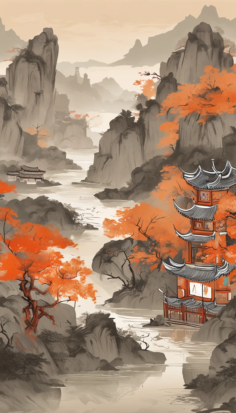 chinese wall painting with a village scene hanging on it, in the style of light orange and light gray, layered landscapes, japanese-inspired art, monumental murals, ricoh ff-9d, golden age aesthetics, exotic landscapes