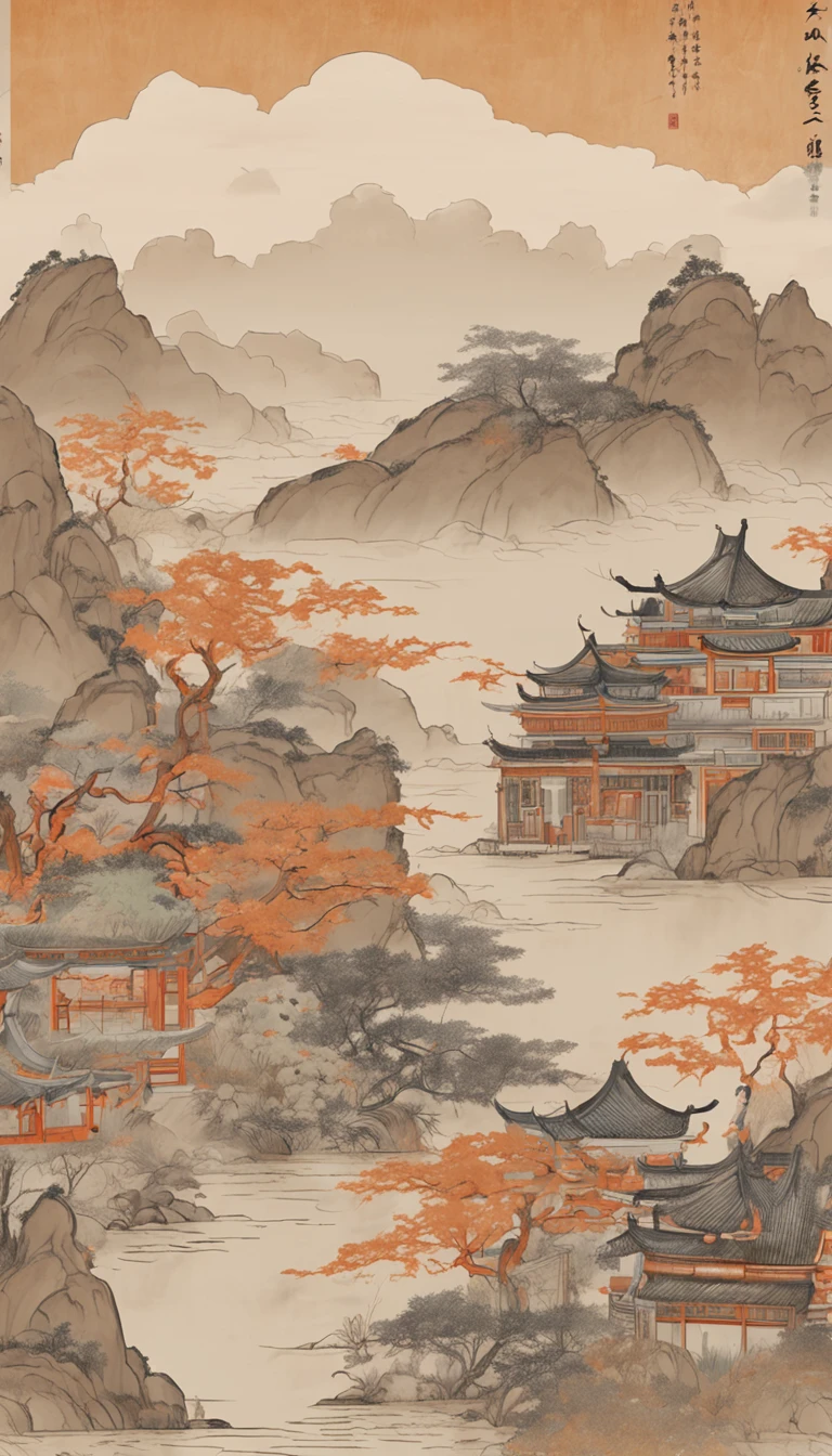 chinese wall painting with a village scene hanging on it, in the style of light orange and light gray, layered landscapes, japanese-inspired art, monumental murals, ricoh ff-9d, golden age aesthetics, exotic landscapes