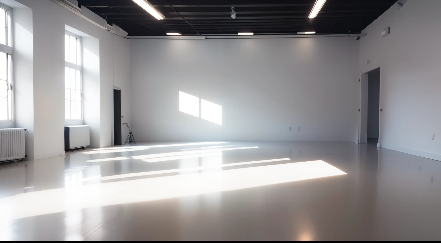 Large room,brightly lit room,Photography Studio,white walls,White floor,inside in room,Professional light source,Photography equipment,Light shining