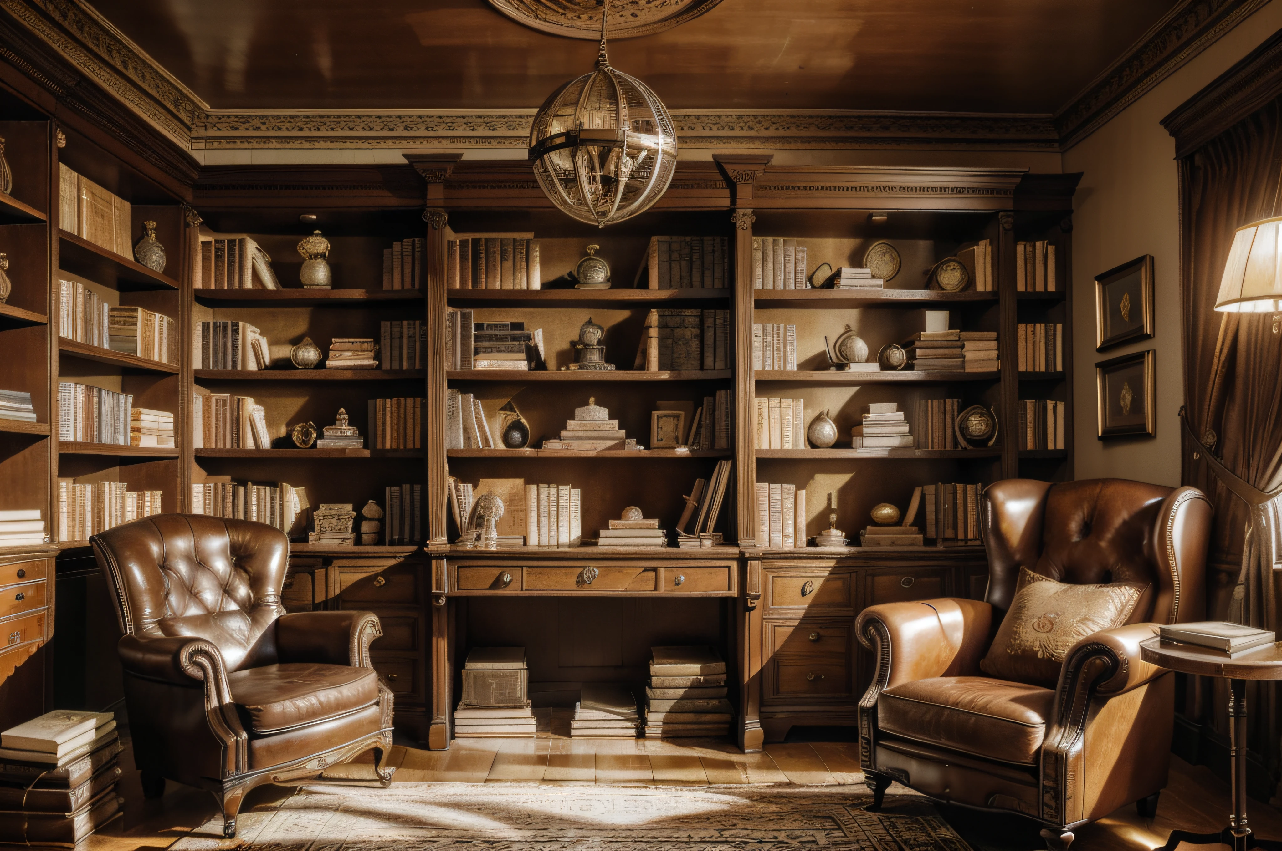"Inside a meticulously furnished old study, with a classical design aesthetic, a cluttered desk adorned with various objects, a comfortable leather armchair beckoning you to sit, a towering bookshelf brimming with books, ((an antique planisphere prominently placed in the foreground)). The scene is bathed in warm, soft lighting, creating a cozy and atmospheric ambiance."