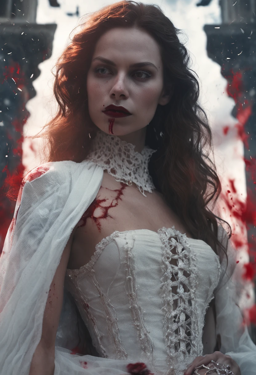 A delicate and beautiful picture of a female vampire standing on the porch of a castle under the stars, (Wearing a white dress stained with blood:1.9),take up close, Dynamic angle super delicate face, and there is blood on the corners of your mouth,Hyper-feminine, gray colored skin, Red hair, (A charming smile:1.5),dark red lips,The eyes glow red and glowing, , long black cape, star filled sky background, Moon, Bats fly around, High details, Best quality, 8K, Masterpiece, Best quality, (Ultra detailed), Photorealism, dark fantasy art