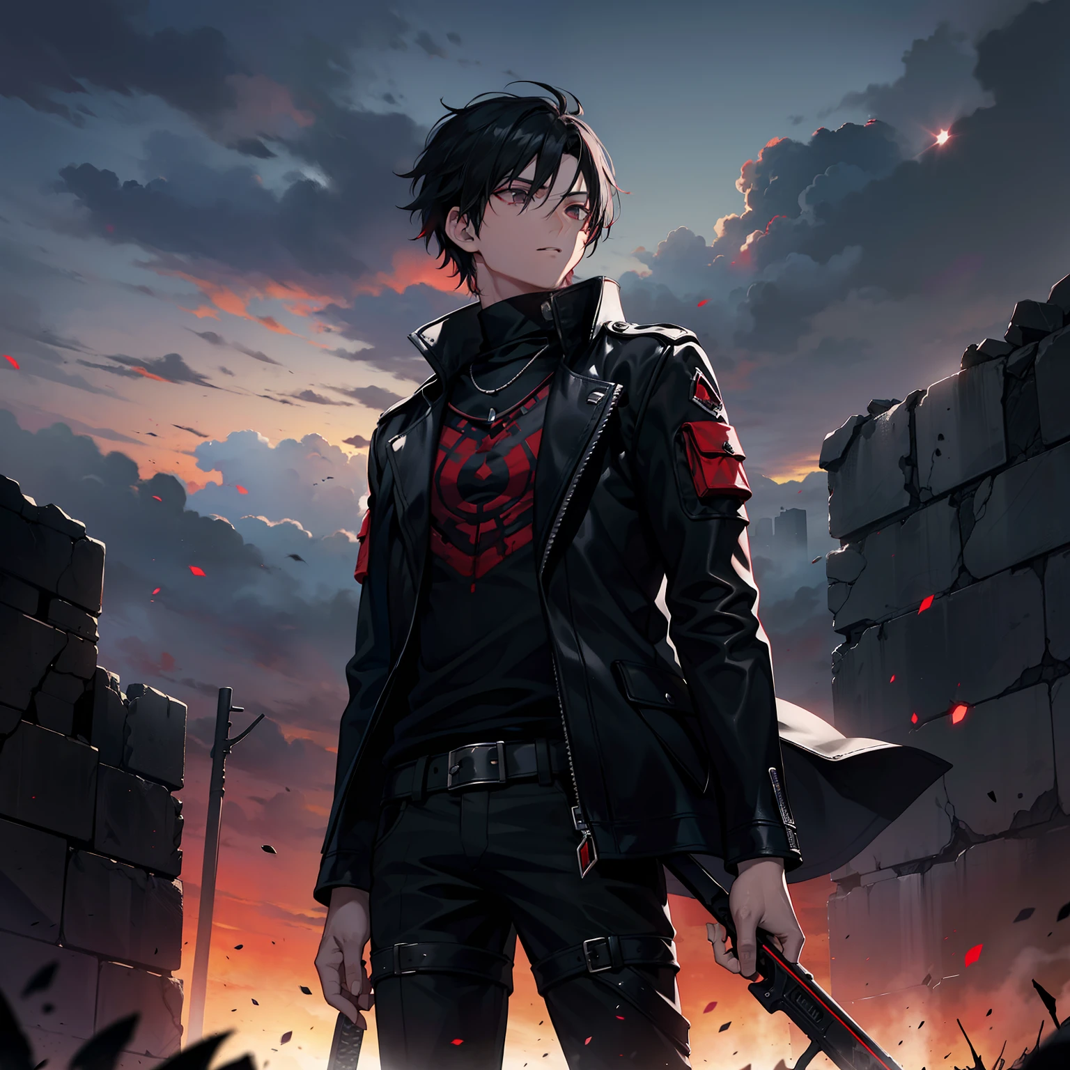 Dark Wasteland style，The background is a ruin，The sky is black and red，A young man with black hair and black eyes wearing a black jacket，Holding a weapon，Characters make up one-fifth