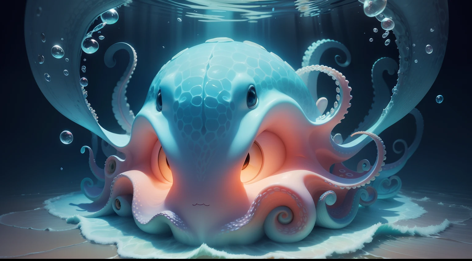 In this cartoon-style illustration of sea creatures，I use stable diffusion technology，Depicting a cute little octopus。I used pastel colors and smooth lines，Make the image of the little octopus more realistic。Additionally，I set the picture on the bottom of the sea，A background interwoven with dark and light blue is used，It makes the whole picture look very fresh and natural。I also used 8K quality，The details and textures of the entire picture are very clear，Made to feel very comfortable and natural