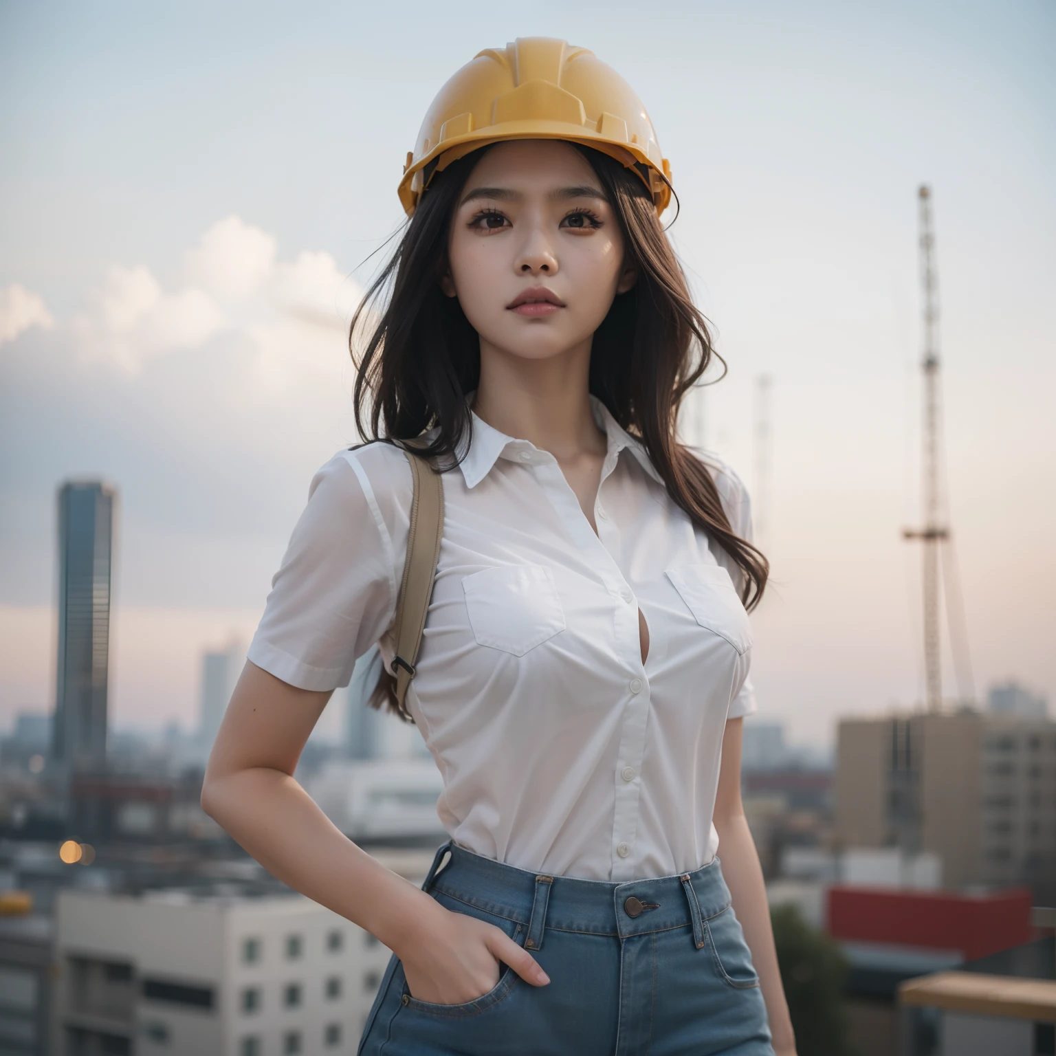 arafed woman in a construction woeker clothes, working on construction site, working on the top of high construction site, asian girl, cute asian girl, a hyperrealistic girl, hyperrealistic female construction worker , wearing construction helmet cute girl, on high construction sitr, skyscraper construction site, realistic girl, wear square motif shirt losse on the waist, wearing square motif shirt , weathered clothes, ripped clothes , carying building tools, cut t-shirts, big boobs uncovered, major cleavage exposed, major boobs, perfect body proportion, skimpy clothes, skimpy dress, mini skirt, very short pant, skimpy shorts, micro short, cheekbum, low neck cut shirt, unbuttoned shirt, open shirt, anatomically correct, super detail, high details, high quality, best body proportion, good proportion, perfect ratio body proportion, no extra limbs, no extra object result, on construction site at afternoon, with hard back lights or side light, bokeh construction site, warm sun light, light form back of the object, bokeh background, extreme light, rim lights on hair.