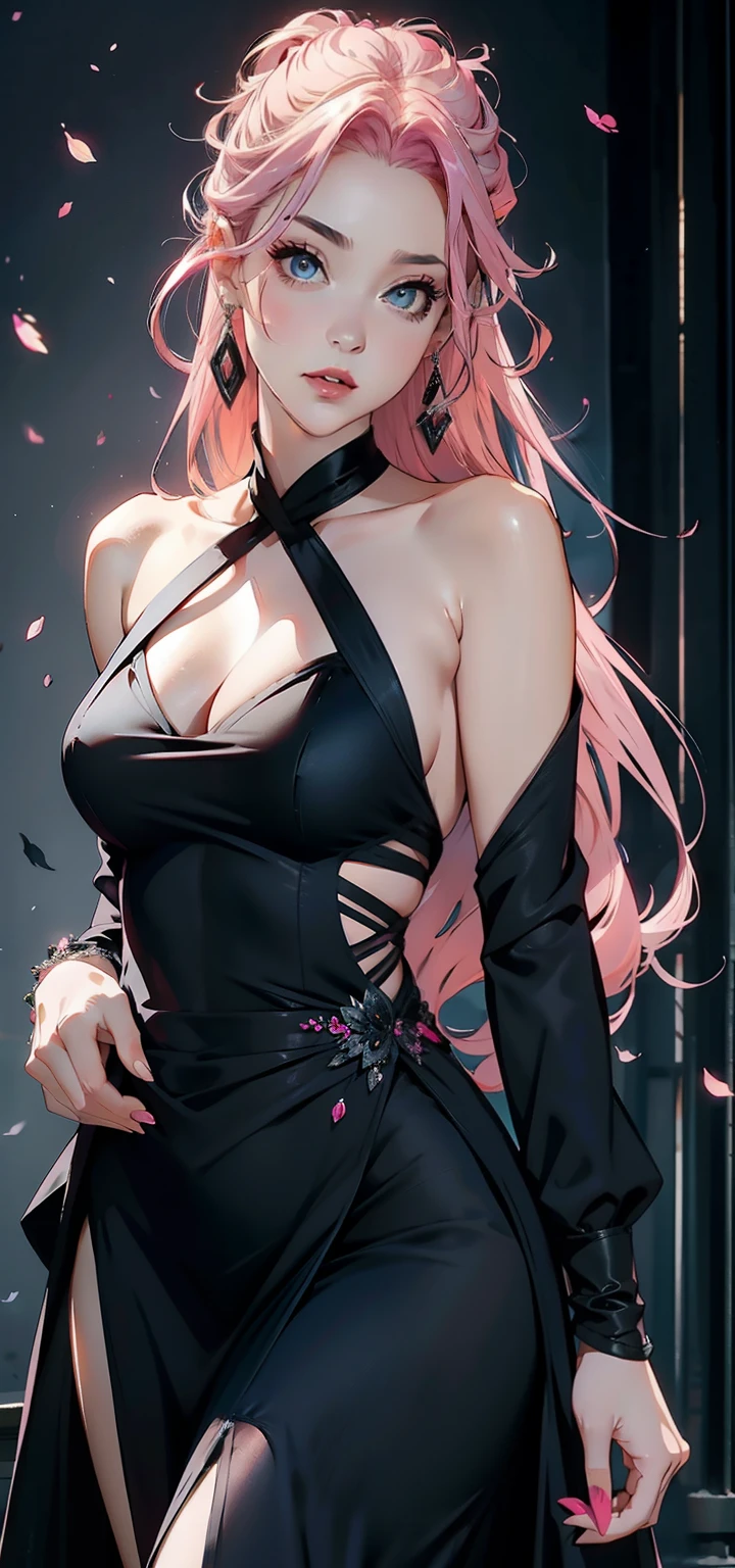 discreet dress, beautiful eyes and lips, pink hair, black evening dress