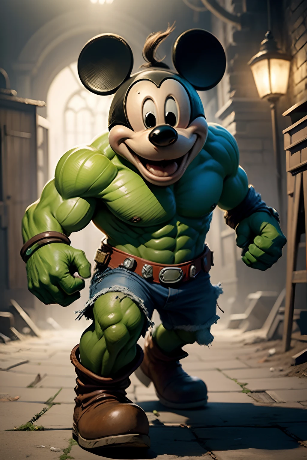Mickey wearing a hulk suite, blue light