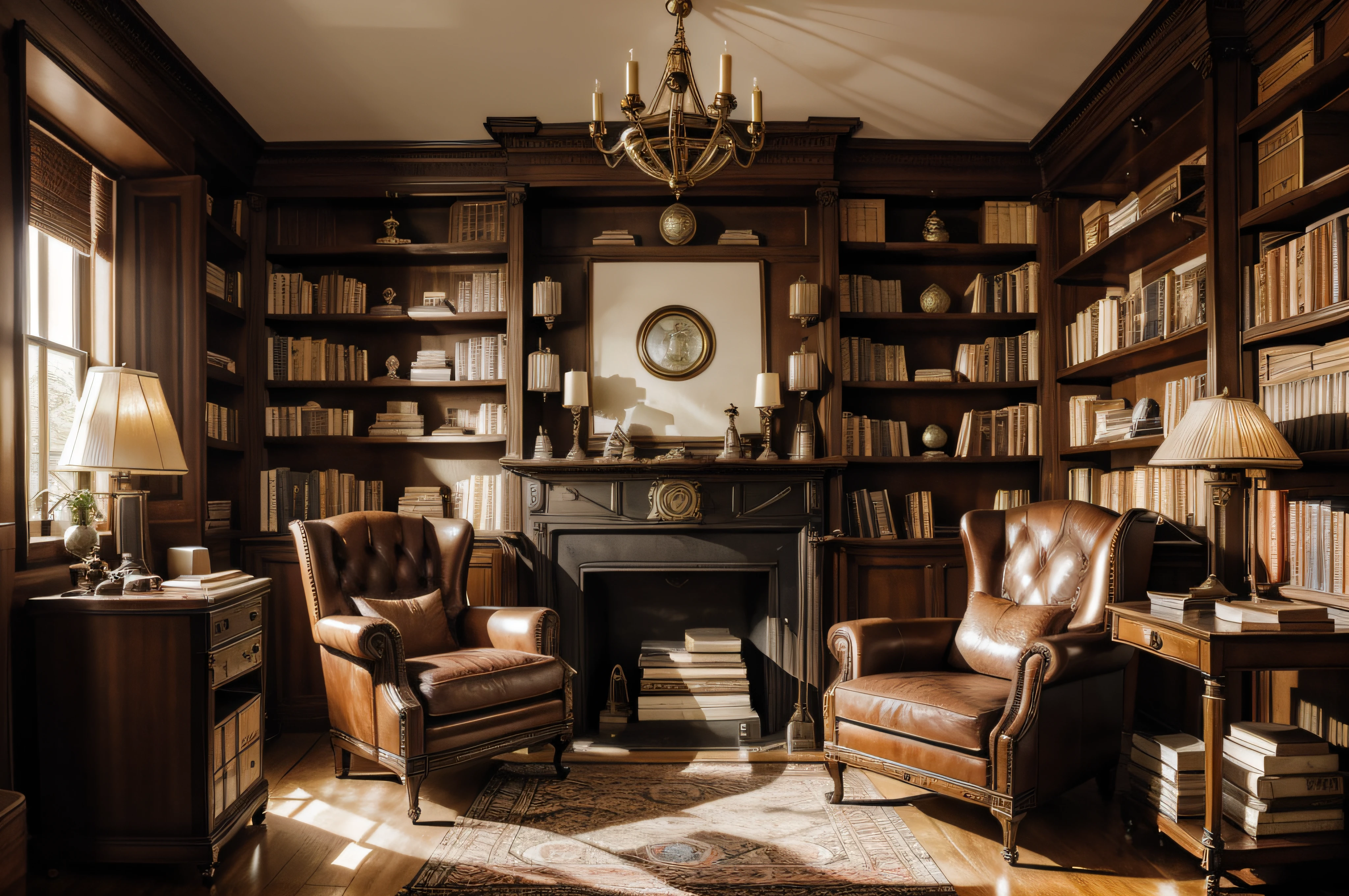 "Inside a meticulously furnished old study, with a classical design aesthetic, a cluttered desk adorned with various objects, a comfortable leather armchair beckoning you to sit, a towering bookshelf brimming with books, and an antique planisphere prominently placed in the foreground. The scene is bathed in warm, soft lighting, creating a cozy and atmospheric ambiance."