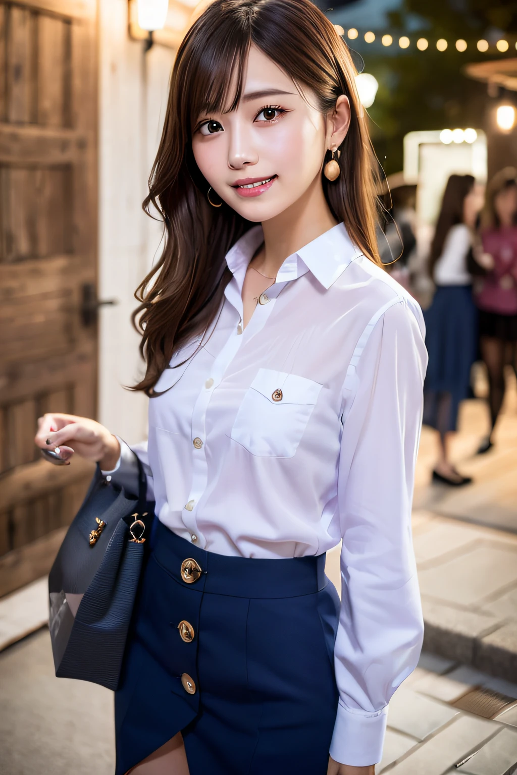 (masterpiece:1.3), high resolution, ultra detailed, extremely detailed CG unity 8k wallpaper, realistic, photo-realistic, RAW photo, beautiful detailed face, pale skin, realistic glistening skin, detailed cloth texture, detailed hair texture, Perfect body, Beautiful Face, accurate, Anatomically correct, Highly detailed face and skin texture, natural neck length, (beautiful hands), (fair skin:1.2), Thin legs, Thin feet,
BREAK,
Detailed eyes, symmetric eyes, Light Brown eyes, Double eyelids, Thin eyebrows, (Glossy lips:1.4), ((grin:1.2)), (blush:1.1),
BREAK,
(A Classy and Cute girl:1.3), (wearing a classy Light Purple Button shirt:1.2),
BREAK,
(irregular hem skirt of Navy color:1.2),
medium large breasts, (slender figure:1.1), firm abs, beautiful clavicle,
(Dark blonde hair, wavy hair, long hair:1.2), ((asymmetrical bangs:1.2)),
BREAK,
(Standing with holding a small bag at in front of waist:1.2),
(at the entrance of outdoor 'Biergarten' of Japan at night:1.3), (Cowboy shot:1.2), looking at viewer,