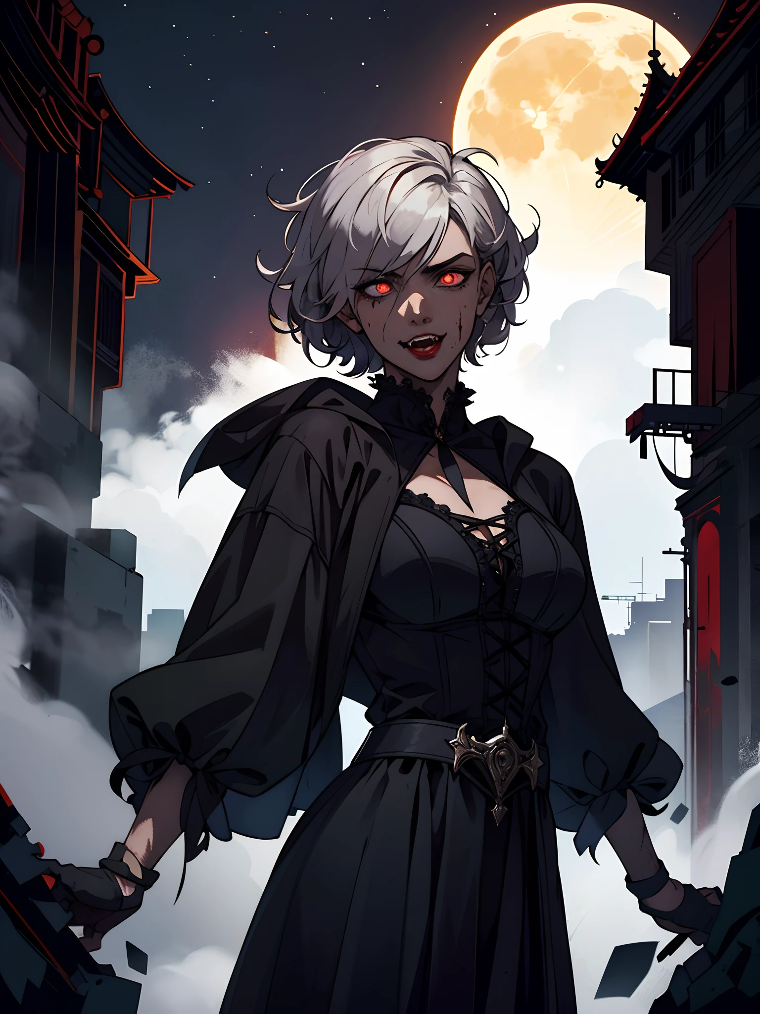 Vampires,The upper row reveals two pointed fangs,Long pointed teeth,Red lips,Blood dripped from the corners of the mouth