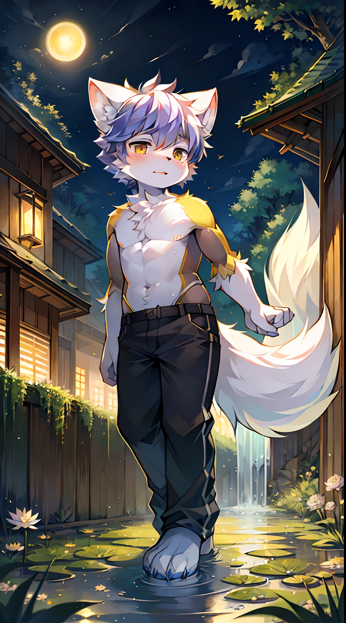 kemoshota, best quality,best resolution,(fluffy anthro furry :1.6),(young :1.6),  dog shota, dachshund, albino white fur, naked, heavy breath, plenty drool, dynamic angle, 6  boy,Masterpiece,cub,best resolution, white hair boy, ears, tail, pubic fur, sweating, full face blush, naked towel, Solo, kemono, blushes, look at camera, smile open mouth, standing on mouth, view from mountain, cloud fog background, sunrise time, tony tony chopper, beautiful contrast of light and dark, tiny small flaccid phimosis