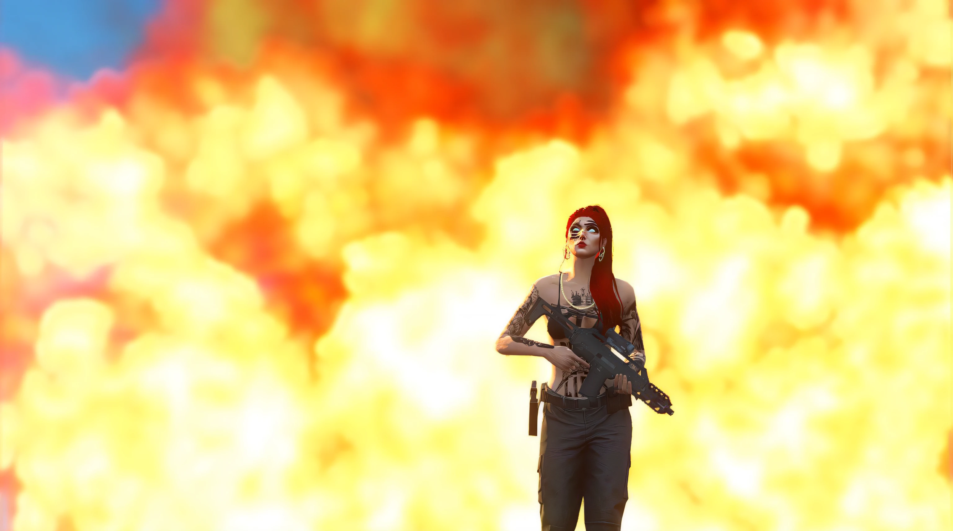 arafed woman with a gun and a gun in front of a huge explosion, burning battlefield background, burning scene in the background, in game capture 3d render, fire smoke and explosions, in front of a nuclear explosion, realistic apocalyptic war scene, apocalyptic setting, hot fire giantess, explosions and smoke, in front of smoke behind, female lead character