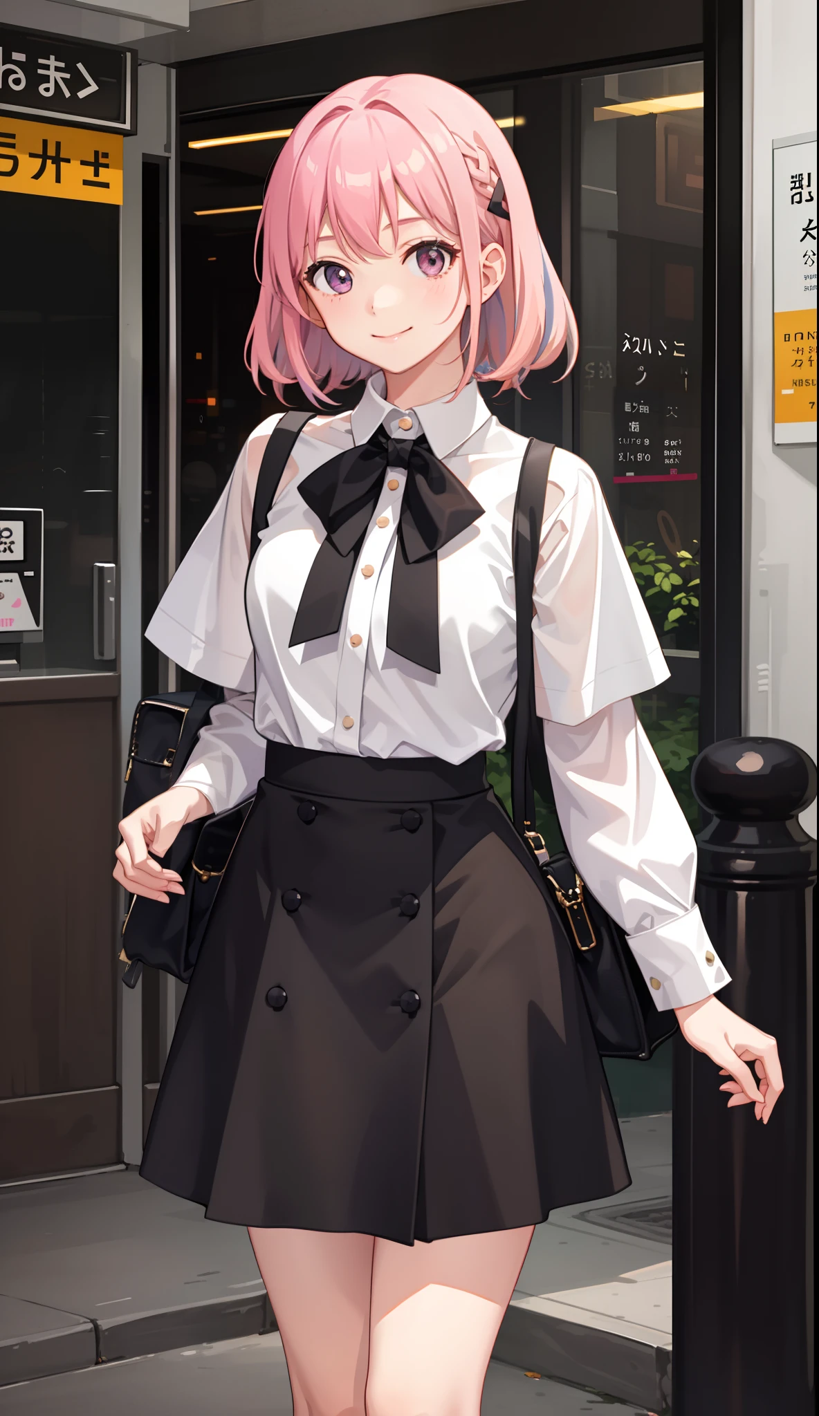 1girl in、A smile、A delightful! The shirt、skirt by the、Pink hair(small tits)