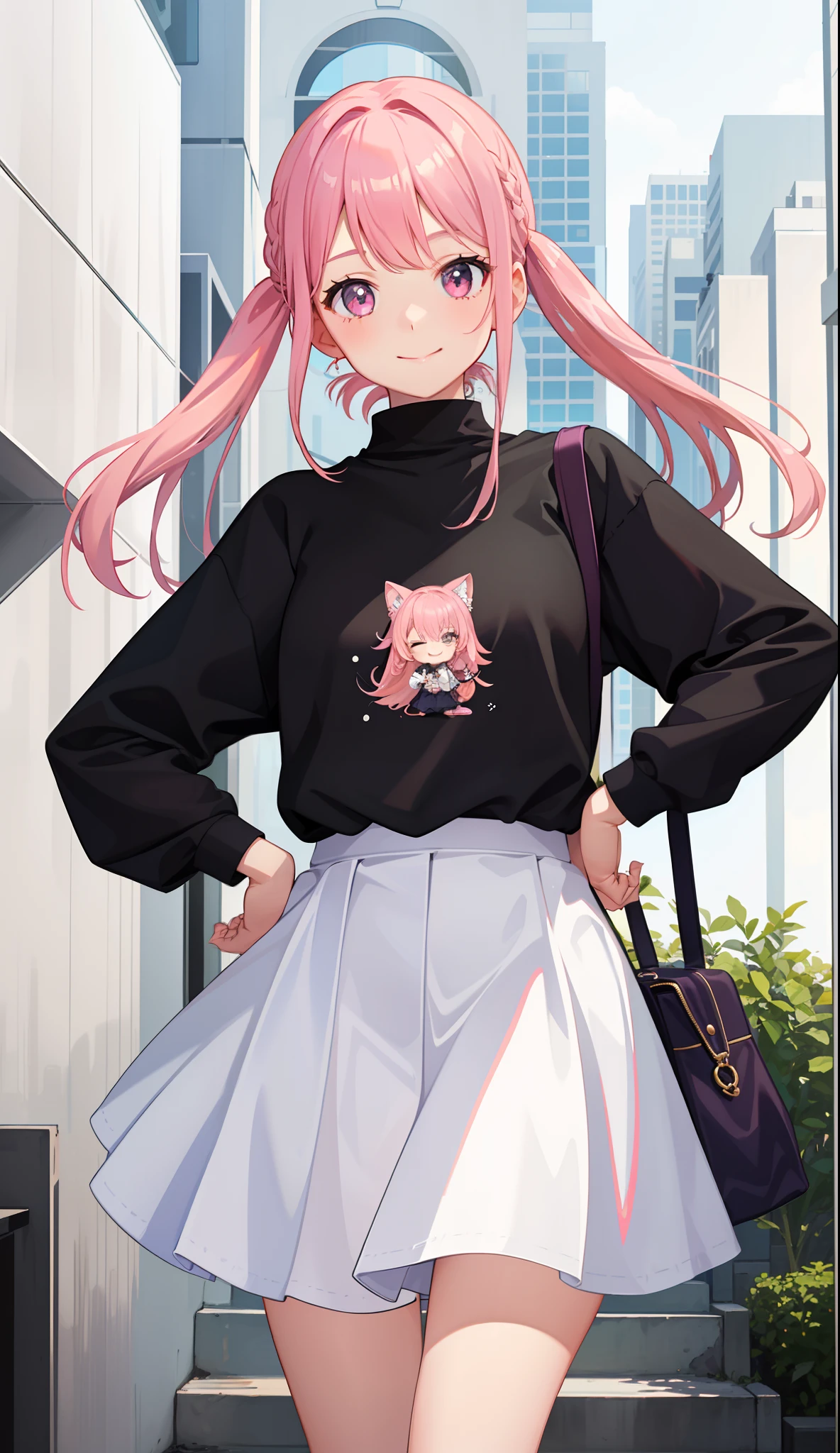 1girl in、A smile、A delightful! The shirt、skirt by the、Pink hair(small tits)