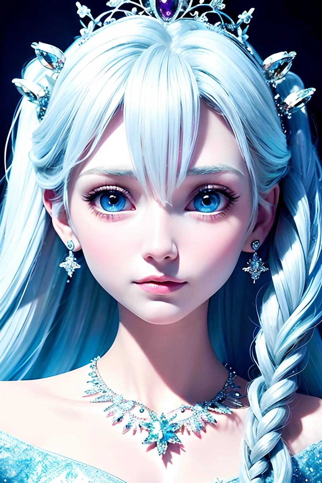 Best quality, Masterpiece, by Pixar, Frozen, 1girll, Delicate ice princess dress, Detailed crown, Beautiful face, sideface, Blue eyes, Blonde hair, sharp look, necklace, Earrings, Symmetrical, Front, Dramatic, vibrant, Sharp focus