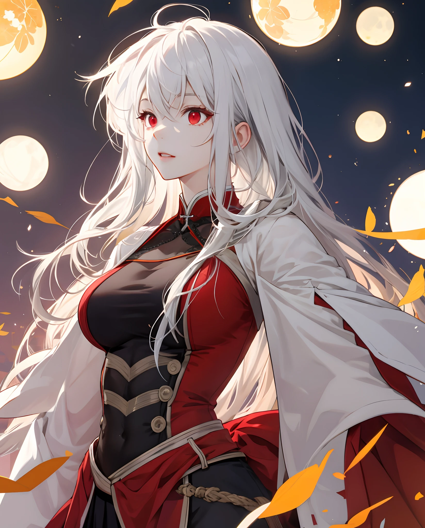 A vampire girl, long white hair, standing on a mountain, big breasts, exposed shoulders, revealing dress, smile, hair blowing in the wind, crimson red eyes.