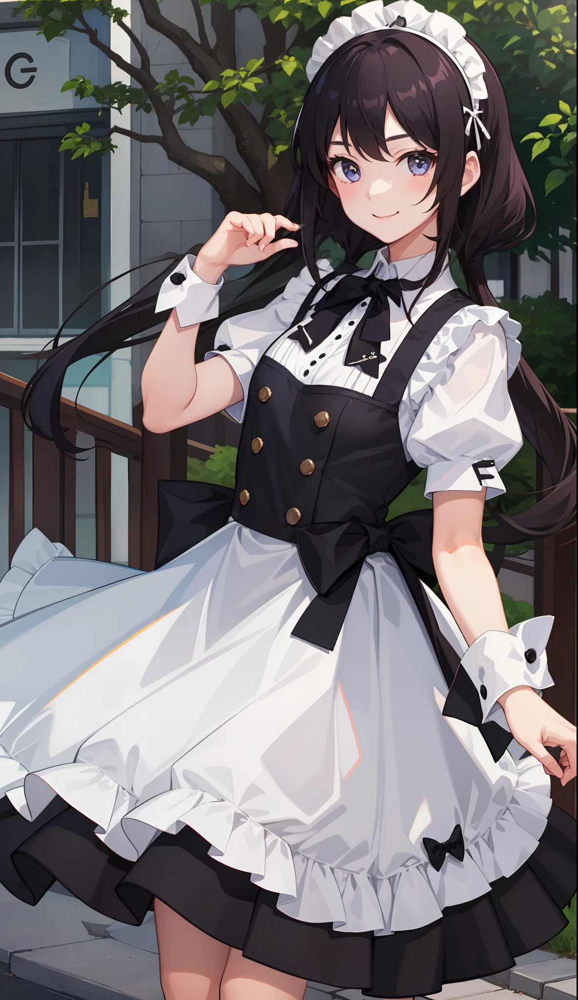 1girl in、A smile、A delightful!　The shirt、skirt by the、（small tits）pinafore、doress、hair adornments、（Maids）、