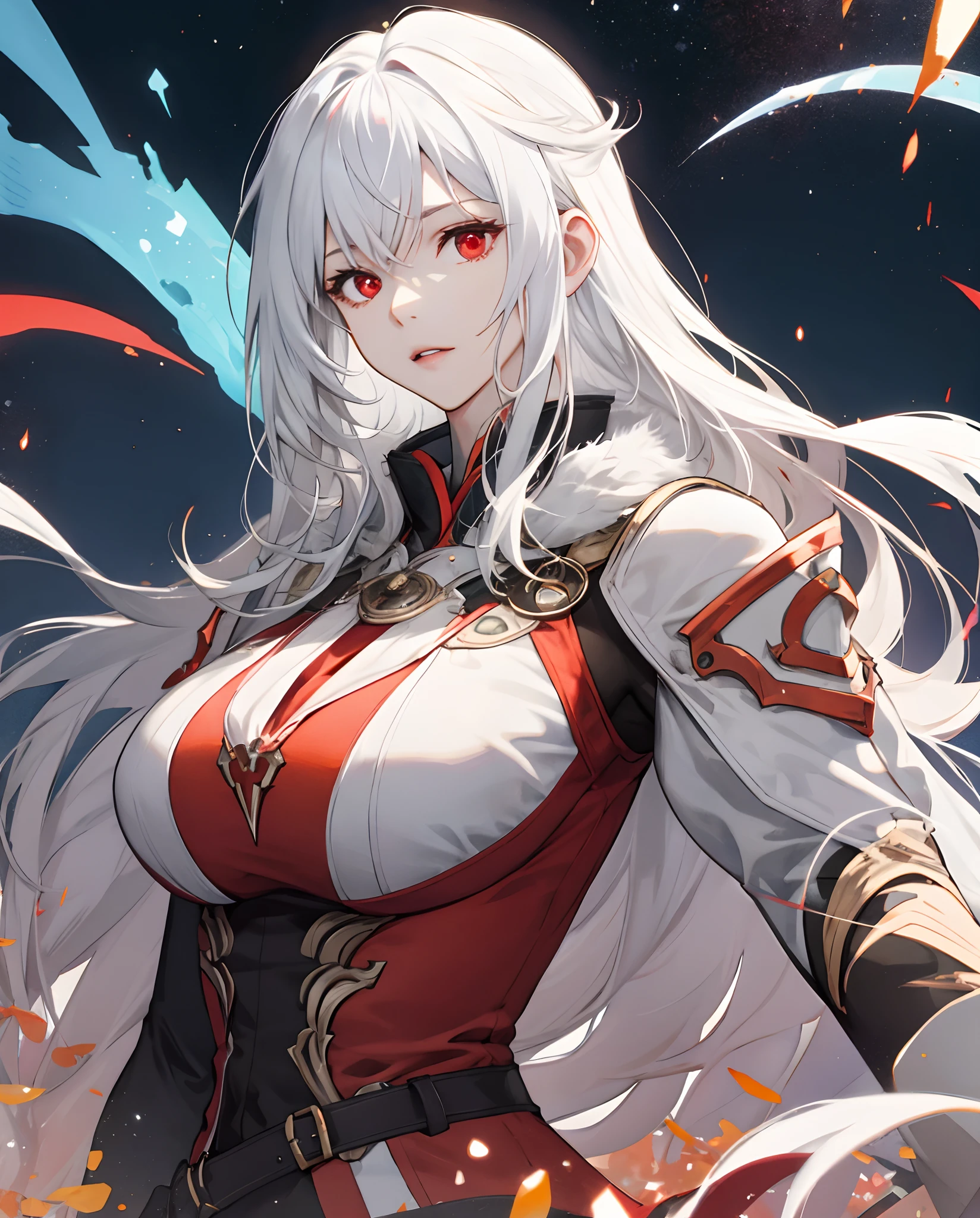 quadratic element。 城市。 nigth。 sprout。 contrast。 musculature。 White-haired girl。 Bigchest。 long whitr hair。 red eyes。 big breasts beautiful。