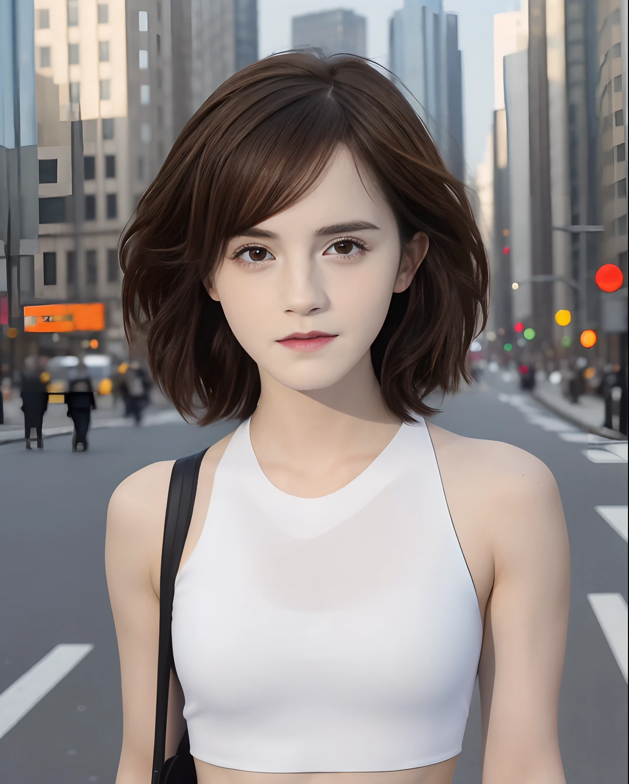 ((Realistic lighting, best qualtiy, 8K, tmasterpiece:1.3)), sharp fokus:1.2, 1girll, Beautiful Women with Perfect Figure:1.4, Slim abs:1.1, ((dark brown hair)), (White crop top:1.4),(exteriors,during night:1.1),the city street,Ultra-fine face,Fine eyes,二重まぶた,Emma Watson