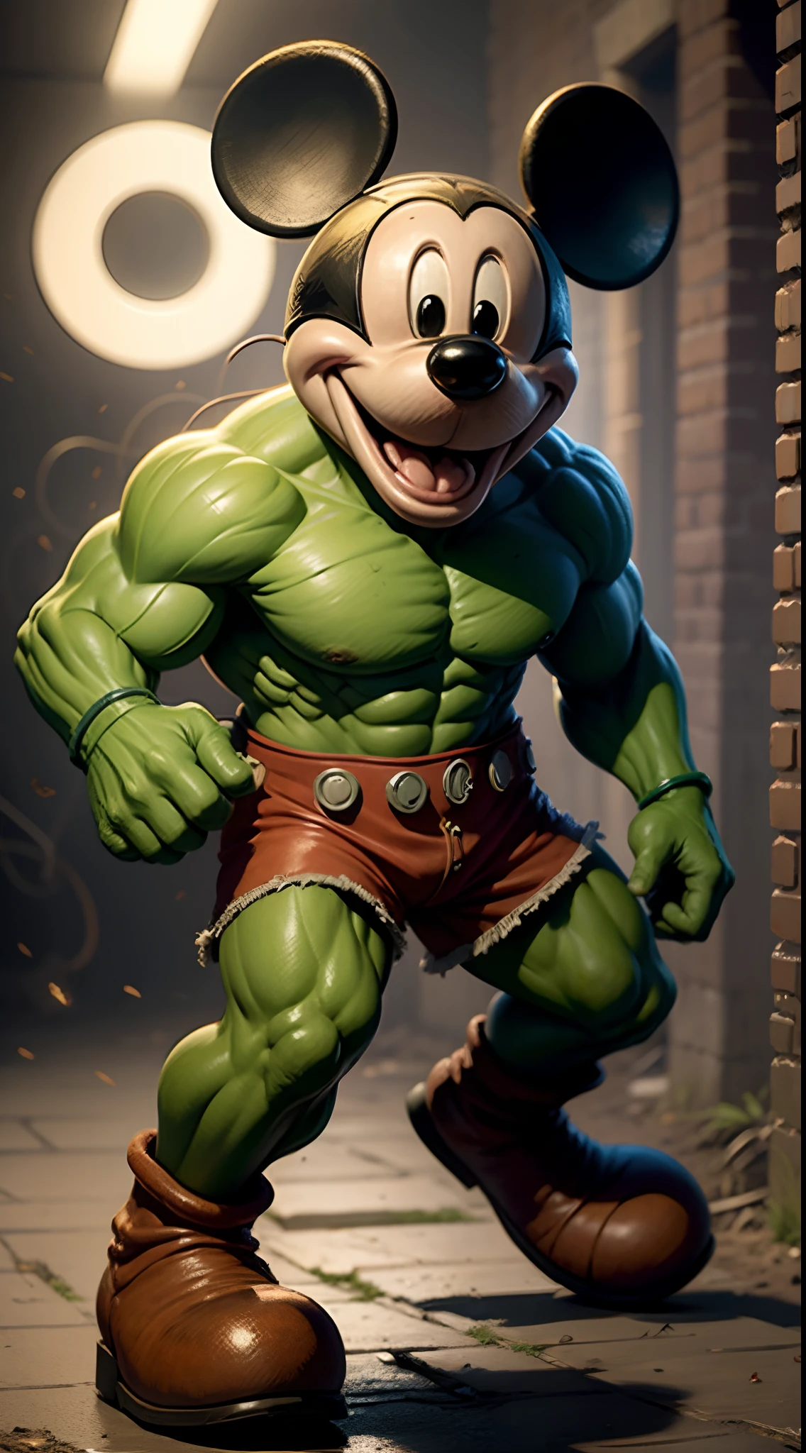 Mickey wearing a hulk suite, blue light