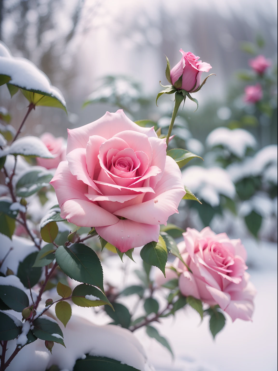 Pink roses grow on the bushes, Leaves and petals are covered with dust and snow,Shot with Canon 35mm lens, photo of a rose, taken with a pentax k1000, Shot with Pentax 1000, Two 5-mm ports, Shot at Kodak Portra, Rose Twinings, Pink Rose, 35mm shot