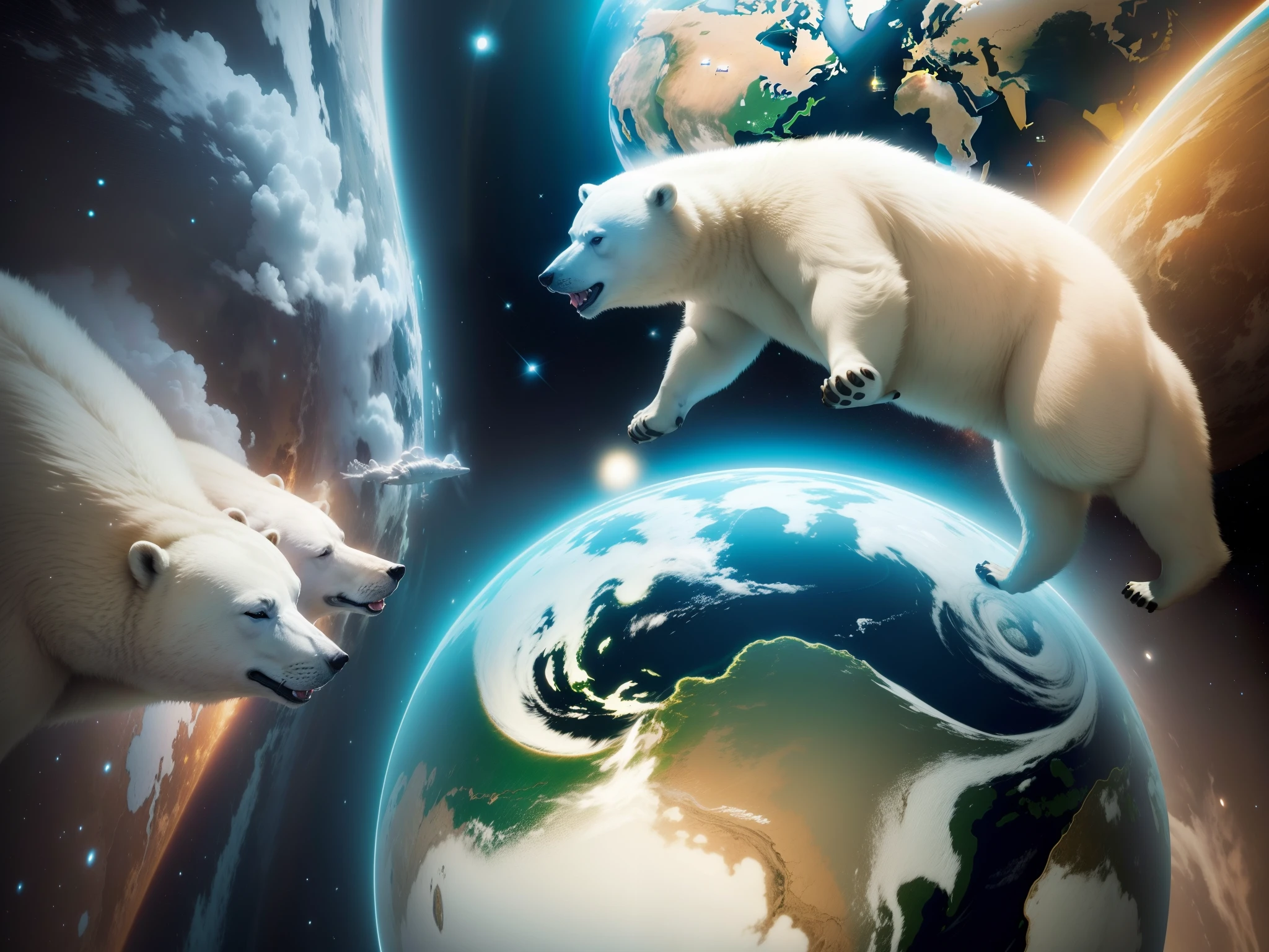 lots of polar bear in an astronaut yellow suit showing in very long distance, with earth as background super realistic