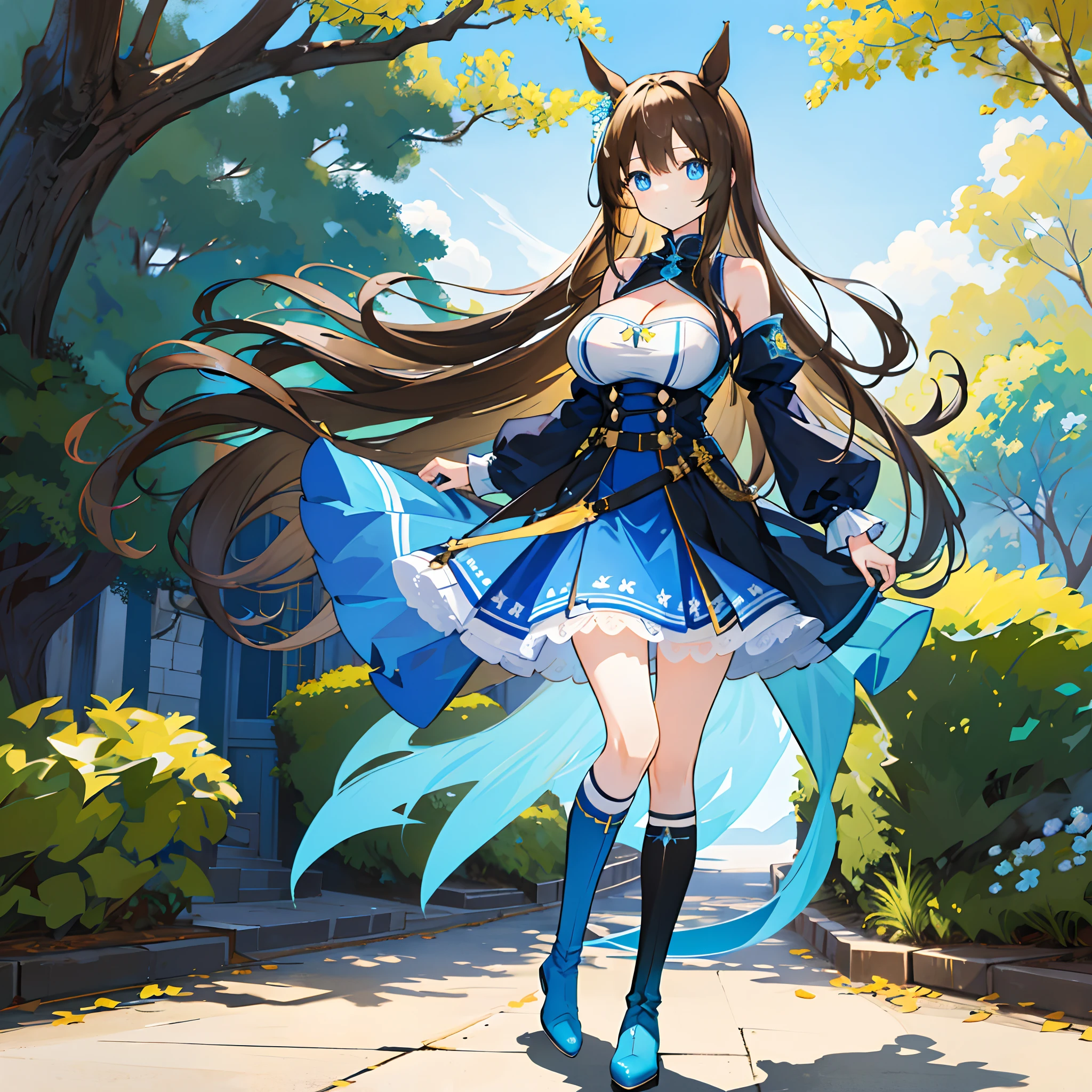 ((Masterpiece, Best quality)),(illustration),(detailedlight),((anextremelydelicateandbeautiful)),1girll,Horse Ears,Horse girl,Long hair,Brown hair,gradient blue eyes,Bright pupils,black over-the-knee socks,Black and blue dress,Blue socks,Blue skirt，kneehighs,Boots,Long sleeves,frilld, Footwear,cropped shoulders, cleavage cutout，Bigboobs，standing on your feet，（Back shadow）