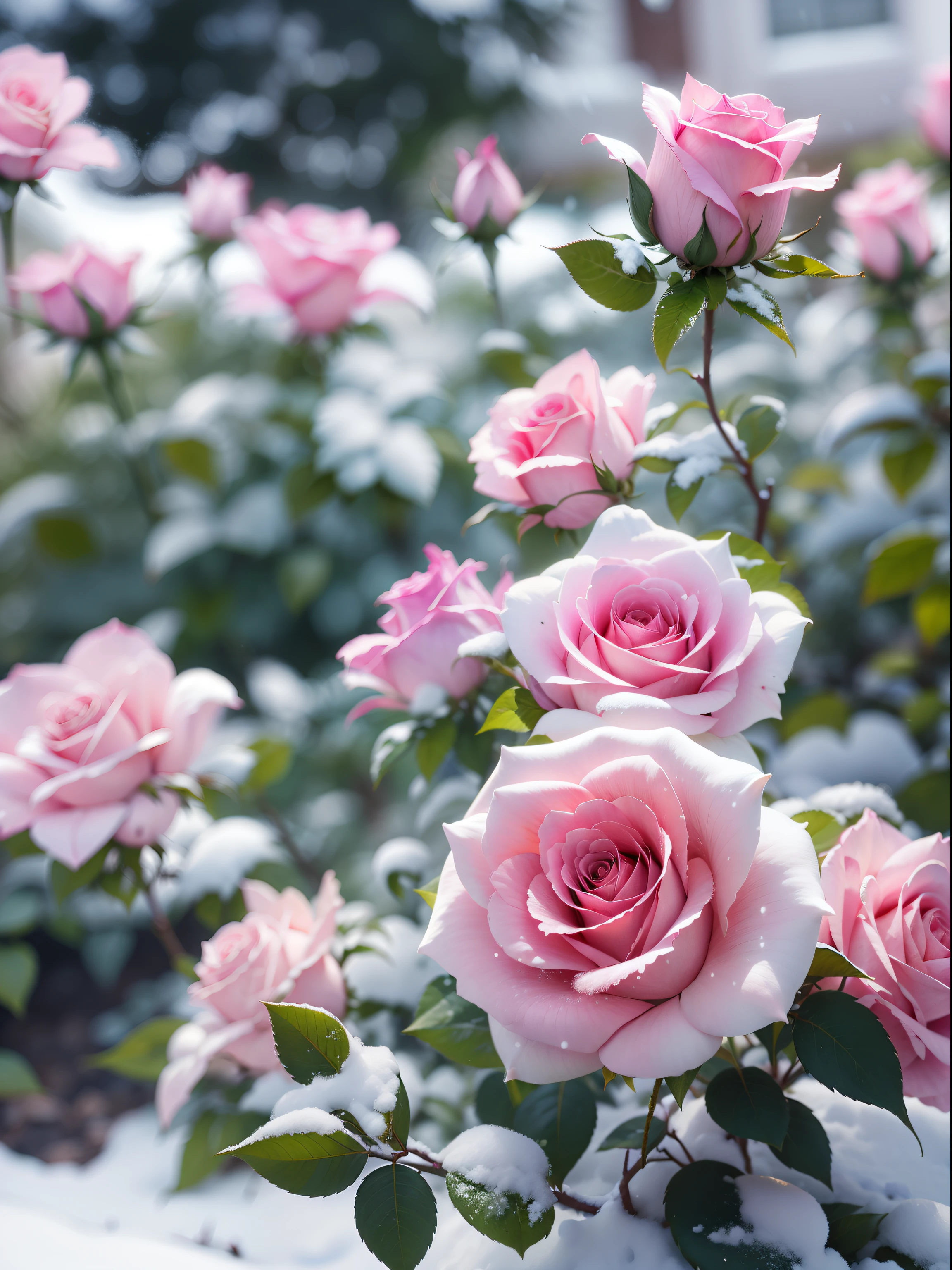 Pink roses grow on the bushes, Leaves and petals are covered with dust and snow,Shot with Canon 35mm lens, photo of a rose, taken with a pentax k1000, Shot with Pentax 1000, Two 5-mm ports, Shot at Kodak Portra, Rose Twinings, Pink Rose, 35mm shot