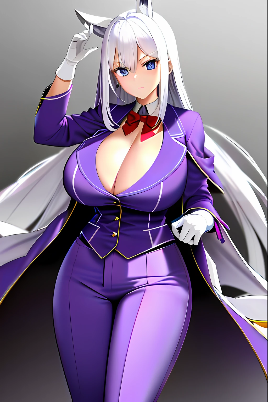 1 rapariga, a mature female, Best quality at best, (:0.2), (gigantic cleavage breasts:1.0),White color hair,Wear a blue extra-long sleeved jacket and a red vest,Purple trousers,Hold ledgers,A sexy pose,Verism, cubismo, Realism