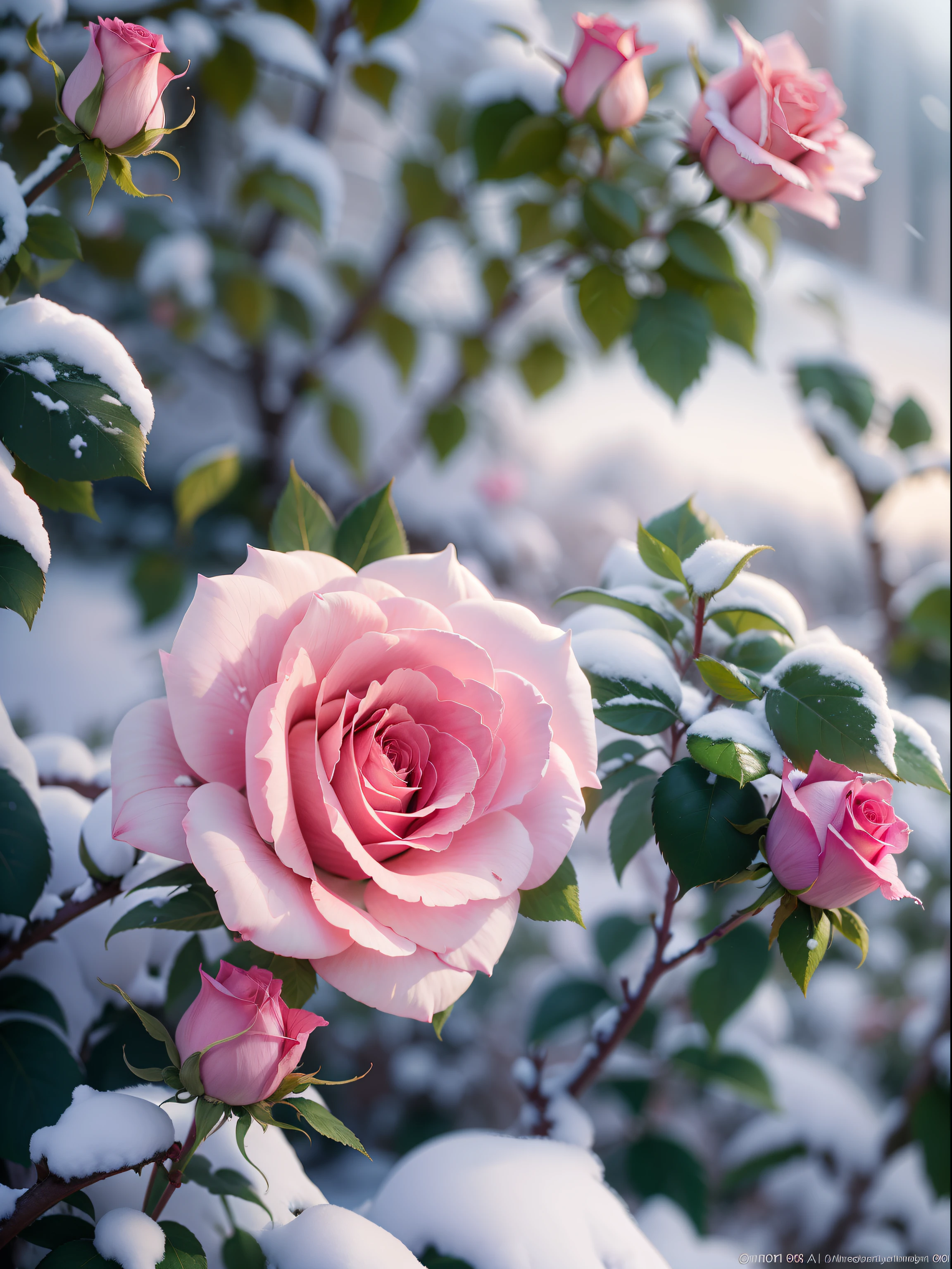 Pink roses grow on the bushes, Leaves and petals are covered with dust and snow,Shot with Canon 35mm lens, photo of a rose, taken with a pentax k1000, Shot with Pentax 1000, Two 5-mm ports, Shot at Kodak Portra, Rose Twinings, Pink Rose, 35mm shot