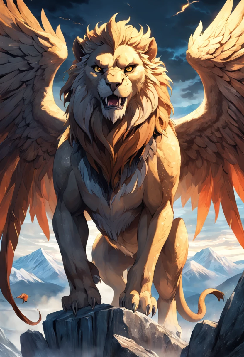 lion griffin, mythical creature, majestic, powerful wings, lion body, eagle head, fierce gaze, sharp claws, feathers, golden beak, large size, flying, mountains, cloudy sky, ancient ruins, fantasy realm, mythical landscape, epic, magical, mythical creature, mythical beast, fierce, mythical monster