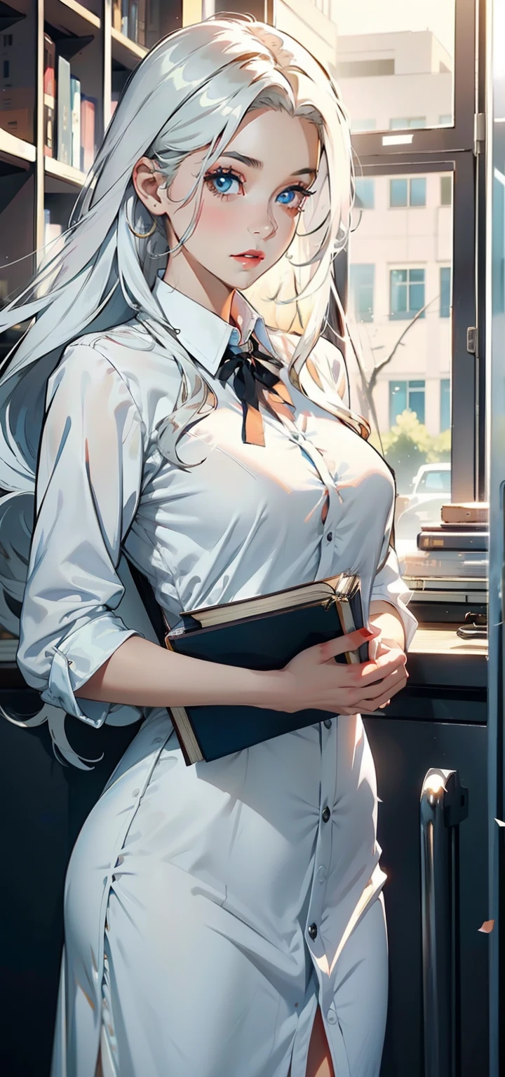 beautiful eyes and lips, 1 girl, dress offices, Book in hand, beautiful finger, attorney, Long White hair