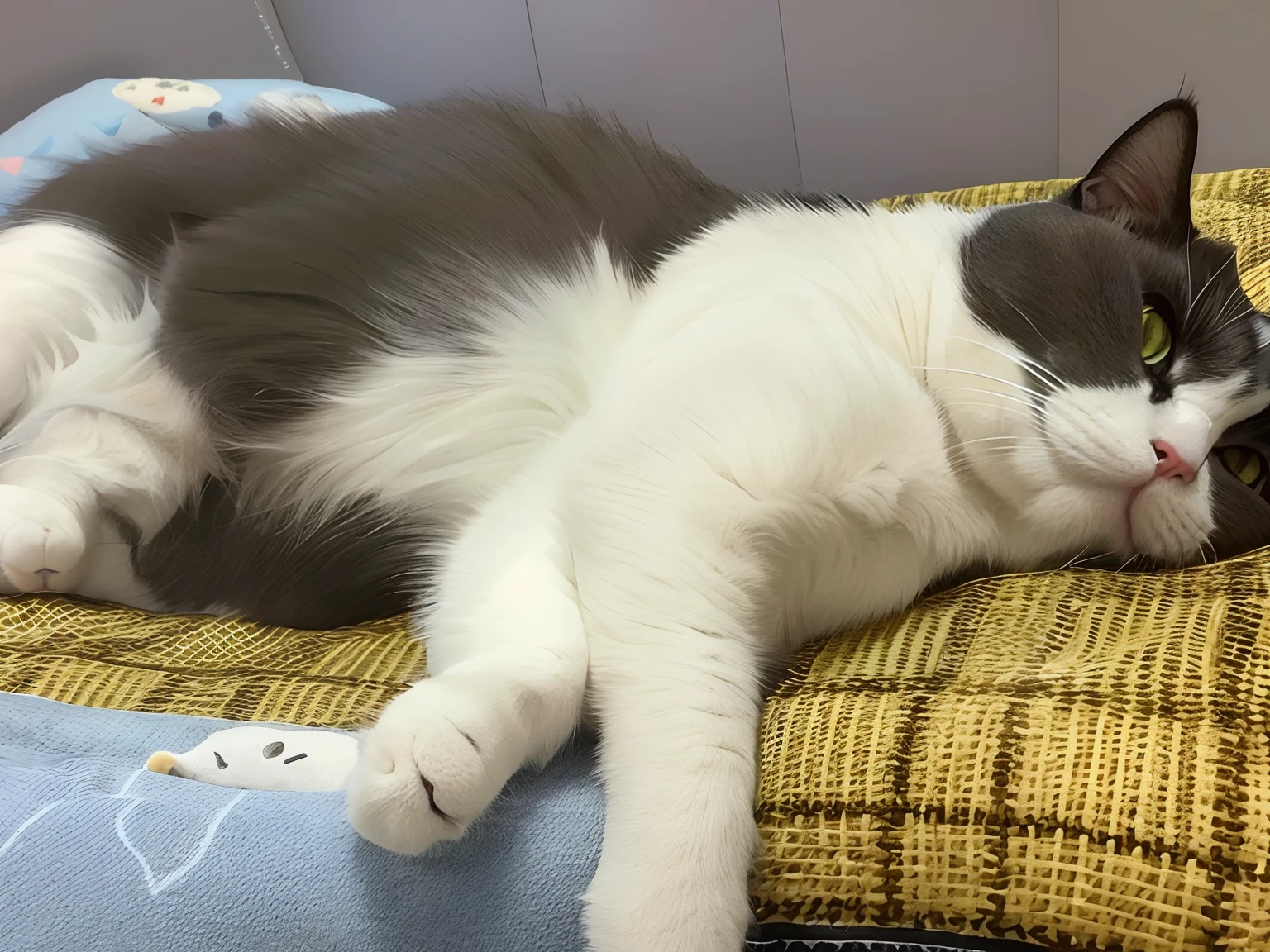 The cat is lying on the pillow，Relaxed expression，happy wise，Elastic tummy，lying on his back，Sleepy and shy，Fat cat，ssmile，Sick cat in the bedroom，Rickety chubby belly，adolable，pokemmo。