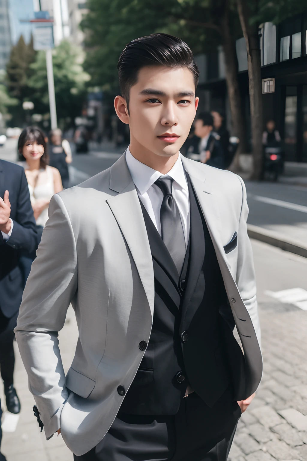 Asian male model on the street,The wedding car is super cool,best qualtiy,Slr,Business suit