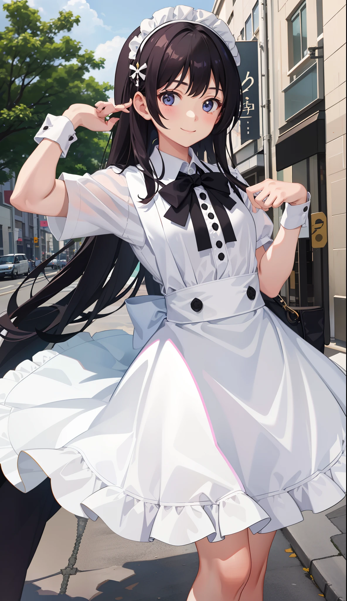 1girl in、A smile、A delightful!　The shirt、skirt by the、（small tits）pinafore、doress、hair adornments、（Maids）、