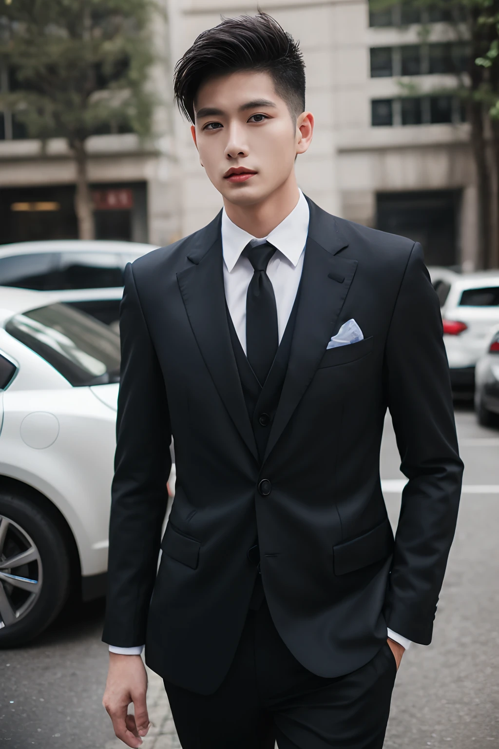 Asian male model on the street，The wedding car is super cool，best qualtiy，Slr，Business suit