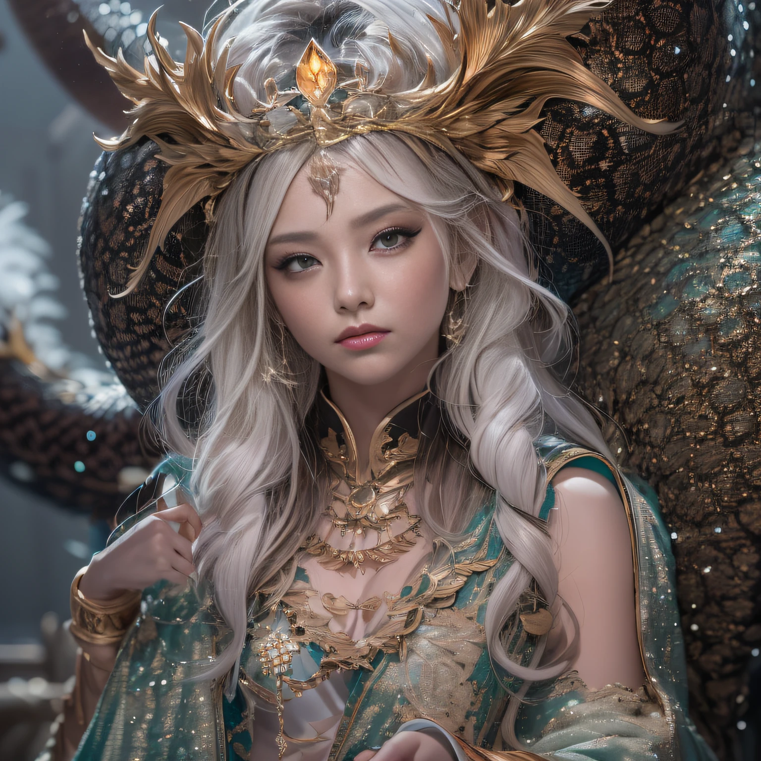 16k(tmasterpiece,k hd,hyper HD,16k)short detailed hair,Gold jewelry area in the back room,King Girl ,Silver Dragon Protector (realisticlying:1.4),Python pattern robe,Purple-pink tiara,Snowflakes fluttering,The background is pure,Hold your head high,Be proud,The nostrils look at people, A high resolution, the detail, RAW photogr, Sharp Re, Nikon D850 Film Stock Photo by Jefferies Lee 4 Kodak Portra 400 Camera F1.6 shots, Rich colors, ultra-realistic vivid textures, Dramatic lighting, Unreal Engine Art Station Trend, cinestir 800,Hold your head high,Be proud,The nostrils look at people