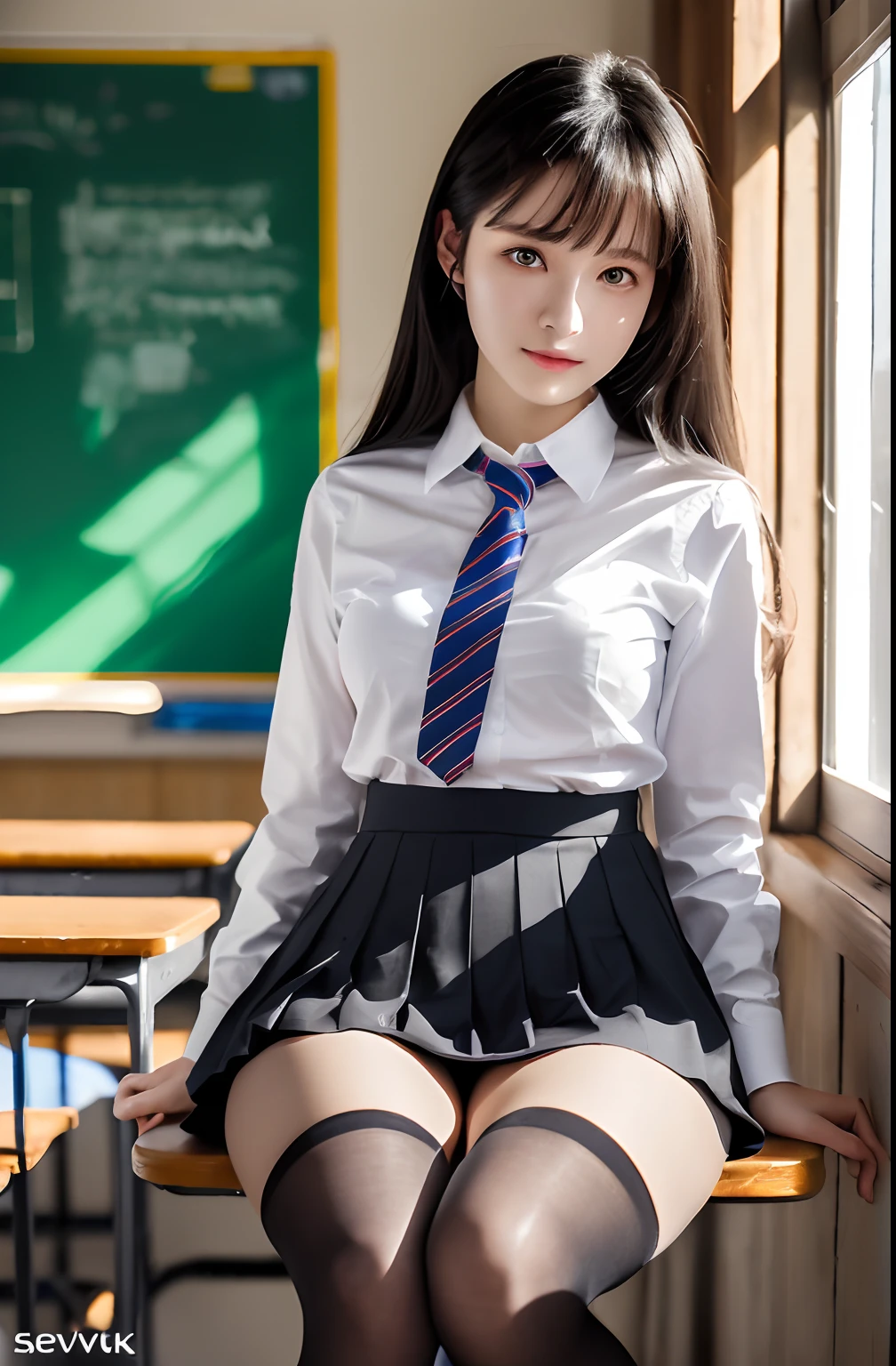 masterpiece, top quality, ultra high definition, colorful, flat color, depth of field, lens flare 1 girl, sitting, black hair, watching viewer, school, classroom, pleated mini skirt, take off school uniform, seravuk, black pantyhose, detailed touch, detailed fabric texture, beautiful detailed face, 30 year old beauty, adult atmosphere, exposure
