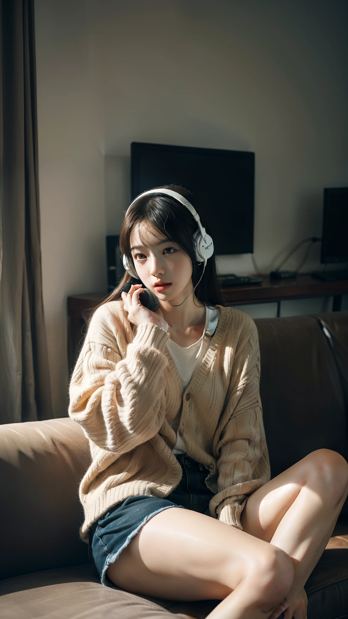 There is a woman sitting on a sofa wearing headphones, a photorealistic painting inspired by Ayami Kojima, Trend of CGsociety, Digital art, realistic art style, with headphone, photorealistic art style, Casual pose, photo-realistic low lighting, photorealistic anime girl rendering, photorealistic 35mm, with headphone, realistic soft lighting