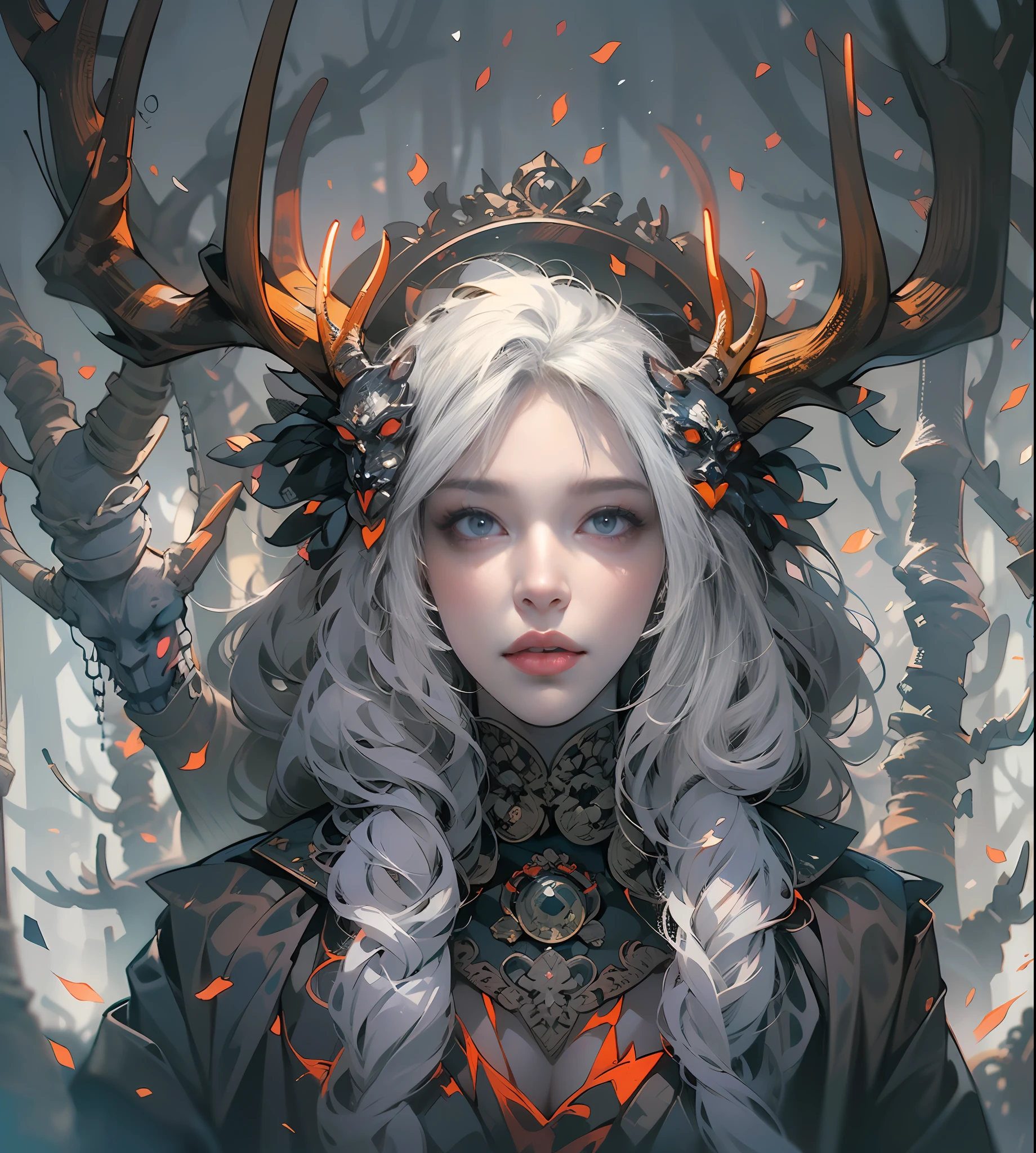 (Gray gloomy background, Dark Forest. Gloomy and hopeless, Dark dramatic lighting, vignette:1.6), 1A girl with a perfect body, Druid, (with large deer antlers on the head:1.5), Realistic eyes, beatiful face, (white colored hair:1.2), long straight hair, generous cleavage, The body is wrapped in branches, ((perfect anatomy)), Upper torso, (She is dressed in a business suit). A surge of dark magic, gotik, Burnt orange gradient, Magic, Nature, Magic Splash, 3D vector graphics, Fantasy art, watercolor effect, bokeh, Adobe Illustrator, hand-drawn, Digital Painting, soft-lighting, isometric style, retro aesthetics, 4k resolution, с Cinema 4D, Cinematic, Masterpiece, Highly detailed, Intricate, Extreme textures, Horror, terrific, Creepy, Scarimok a sense of sophistication and tranquility. Accentuate the low-poly style, The overall aesthetic should be sleek and stylish, which makes it suitable for branding and logo.