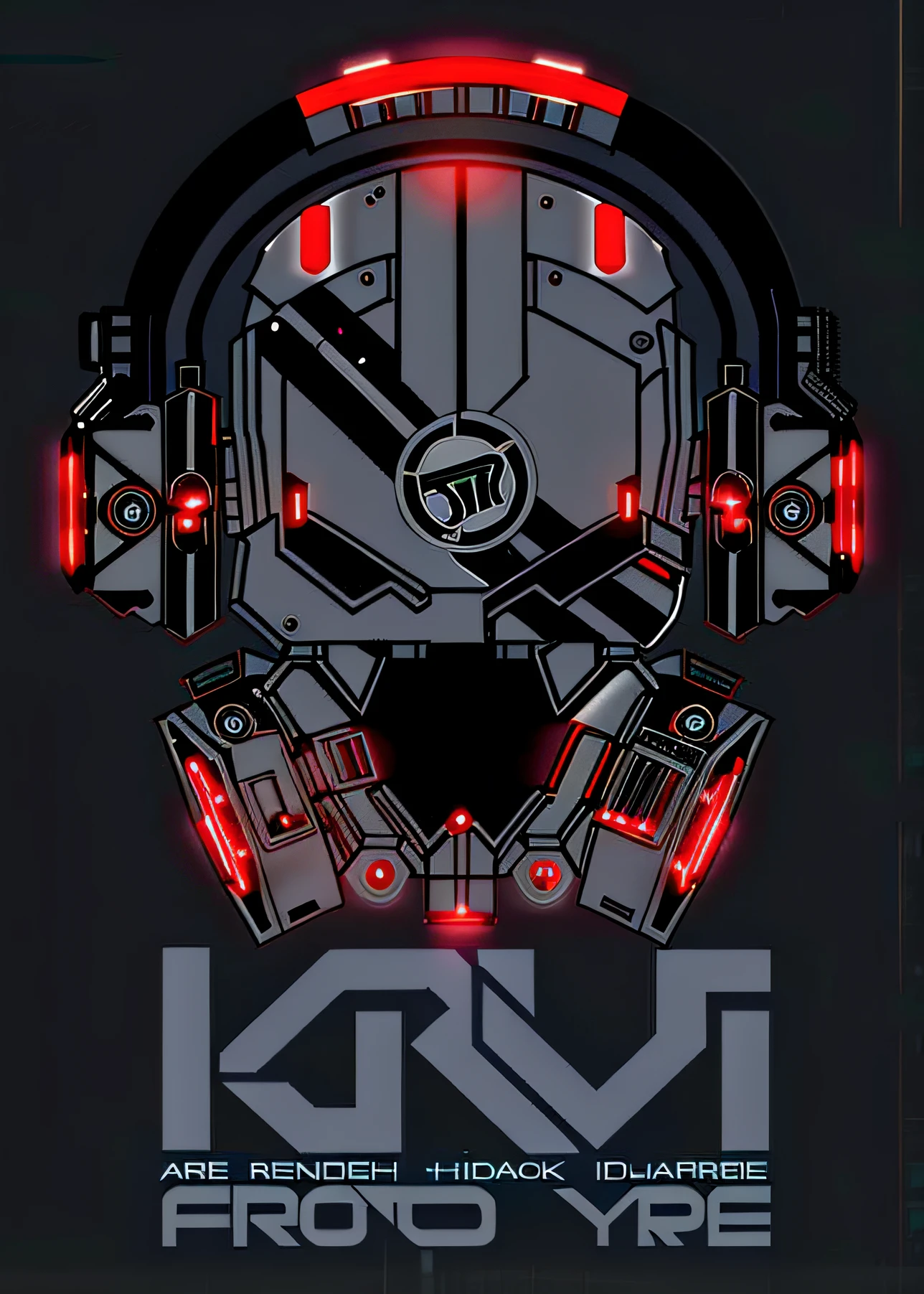 a black and red poster with a helmet and headphones, mecha inspired, inspired by Karl Kopinski, sci-fi helmet, inspired by Kilian Eng, cyberpunk helmet, glowing eyes in helmet, cyber suit, shirt design, anime mecha aesthetic, glowing red skull, cyberpunk iron man, sci-fi face, inspired by Andrei Kolkoutine