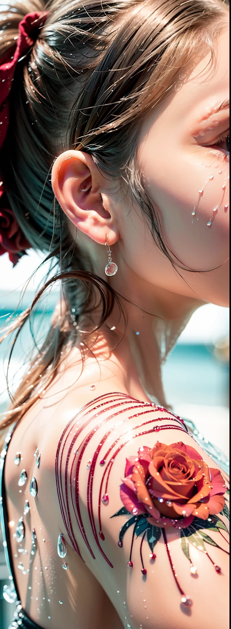 facing away from the audience,silver-haired woman,Low double ponytail,watery big eyes,Pink hair accessories,Enchanted smile,Get out of the water,Detailed depiction of water droplets on the body,The delicate rose pattern tattoo on the back comes to life,Blur lighting effects,Close-up shot,Best quality photos,16K High Resolution。