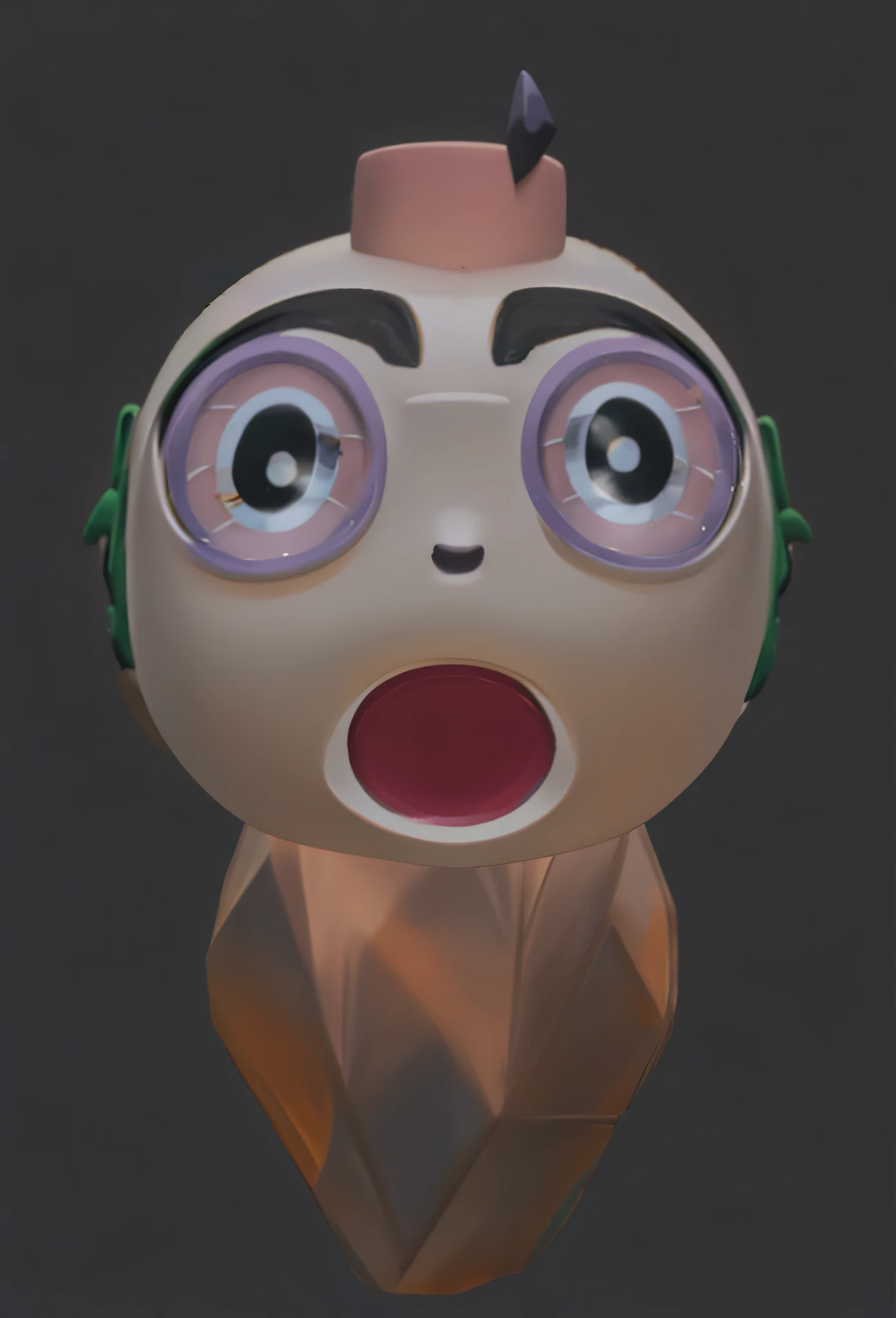 There is a cartoon avatar,It has a surprised expression on it, 3D model of the lotus couple, ahegao face, Surprised expression, huge head tiny body, refined face and muzzle, face shown, with a big head,Big eyes, expression of surprise, with fully detailed faces, detailed body and eyes, highly_Detailed_face!!!, looks surprised, Scared face,The body of the lotus,Yellowish skin with a bit of dirt