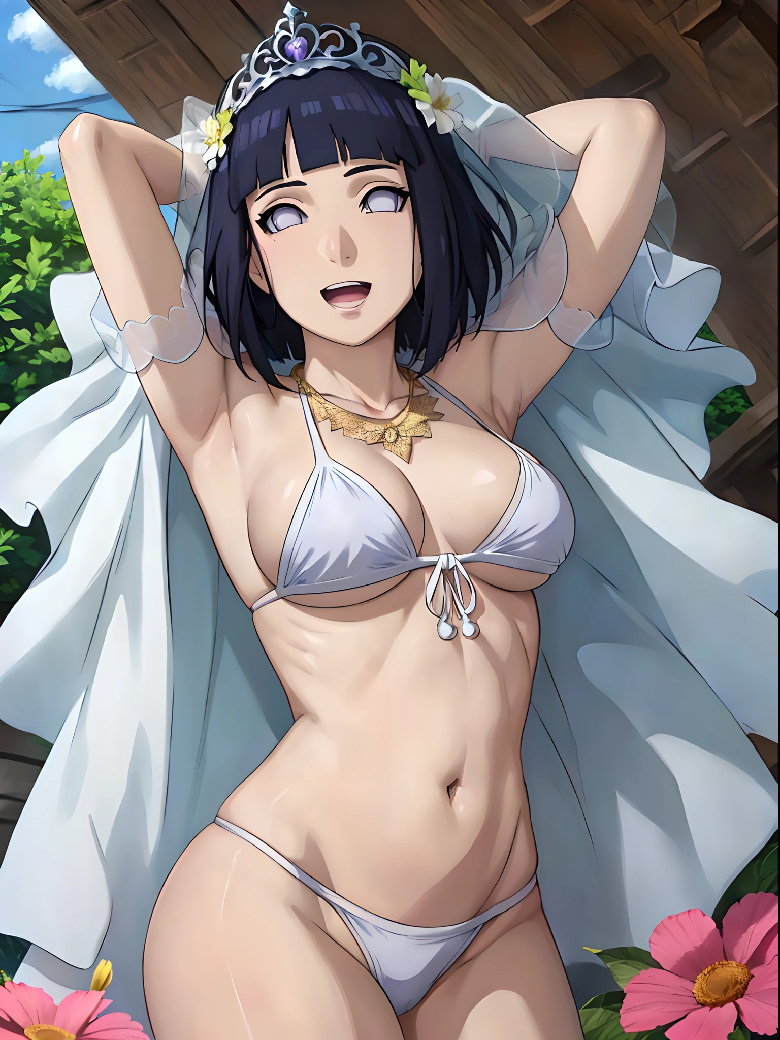 (WALLPAPER, masterpiece, 1k, anime style:1.9, laying on flower bed, (navel, dirty armpits, groin), contrast lighting, (detailed beach background, (lean forward), big breasts, big boobs, open mouth, high color saturation, bold lines, bold drawing lines, (strong arms, flat belly, groin), detailed bold arm lines), (strong arms, thick arms, detailed shoulders), strong light on body, plain, bare body, (large breasts, perky boobs), minimum clothing, taking off shirt, bare shoulders, off-shoulders, bare chest, (very tight pure white tiny bikini, wedding veil, white flower wedding tiara, long white gloves, white leg flower band, gold necklace), no shirt, showing off), hinata\(boruto\), mature female, sunbathing, milf, (curvy:0.8), solo, (short hair, hime cut), (dark blue hair color:1.1), white, flat belly, perfect eyes, white sciera, white eyes, anime eyes, smoky eyeliner, eyeshadow, perfect face, shy, sharp focus, professional artwork, intricate details, colorful, vibrant colors, vivid colors, digital blending, ultra detailed body, ultra detail hair, ultra detail face, trending on pixiv, kind smile, shy, very hot colors, sunny day, outdoor,