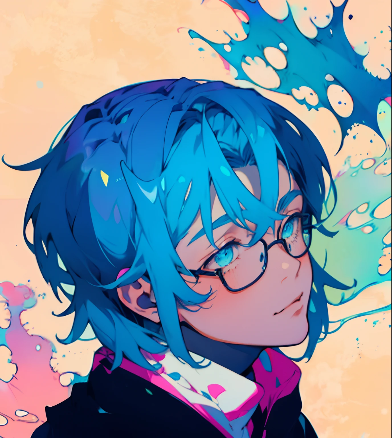 Anime boy with blue hair and glasses looks to the side, 2 d anime style, flat anime style shading, inspired by Okumura Togyu, 2d anime, Anime portrait of a handsome man, young anime man, with blue hair, Azure. detailed hairs, subtle anime style, blue colors, Tall anime guy with blue eyes, half-body portrait